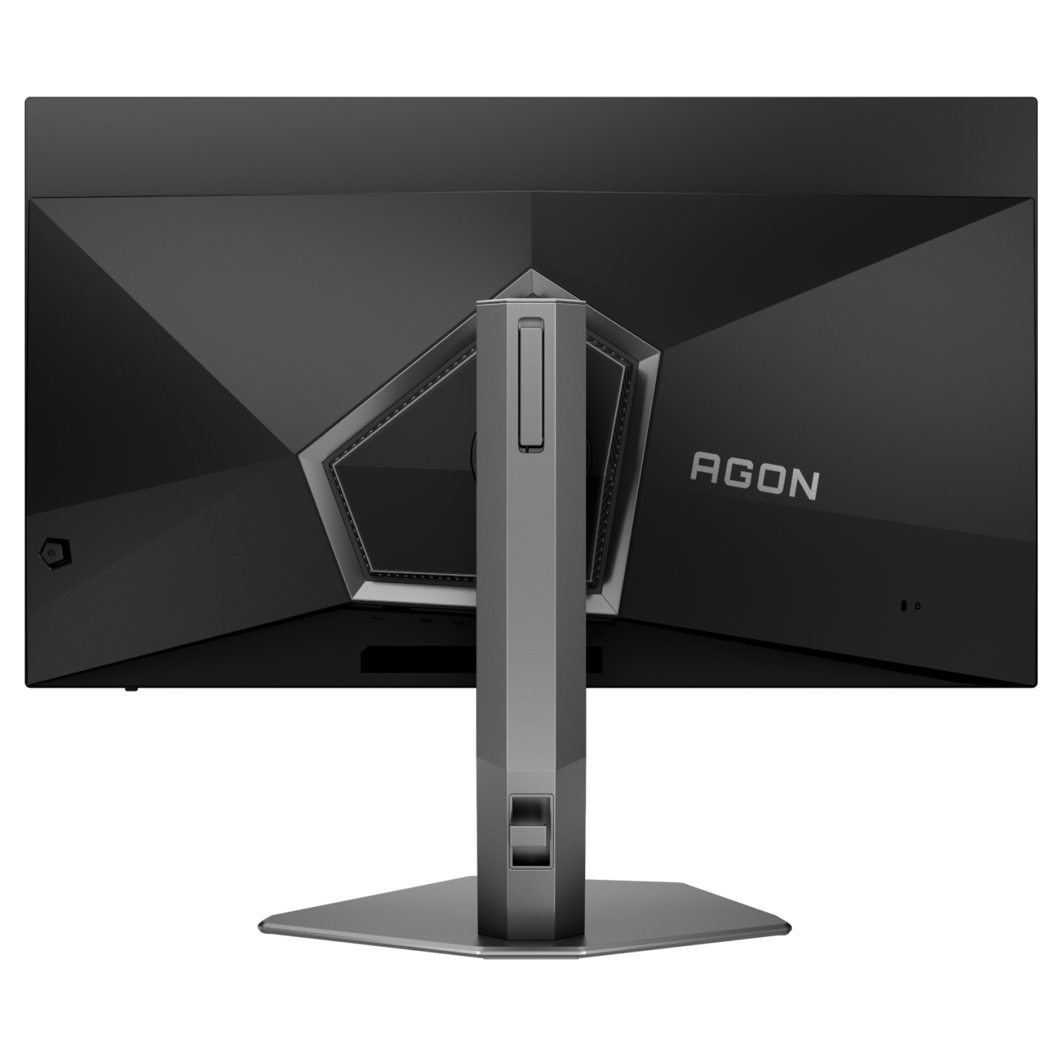 Rückseite eines schwarzen Computermonitors. Verfügt über einen silbernen Ständer und das AGON-Logo.