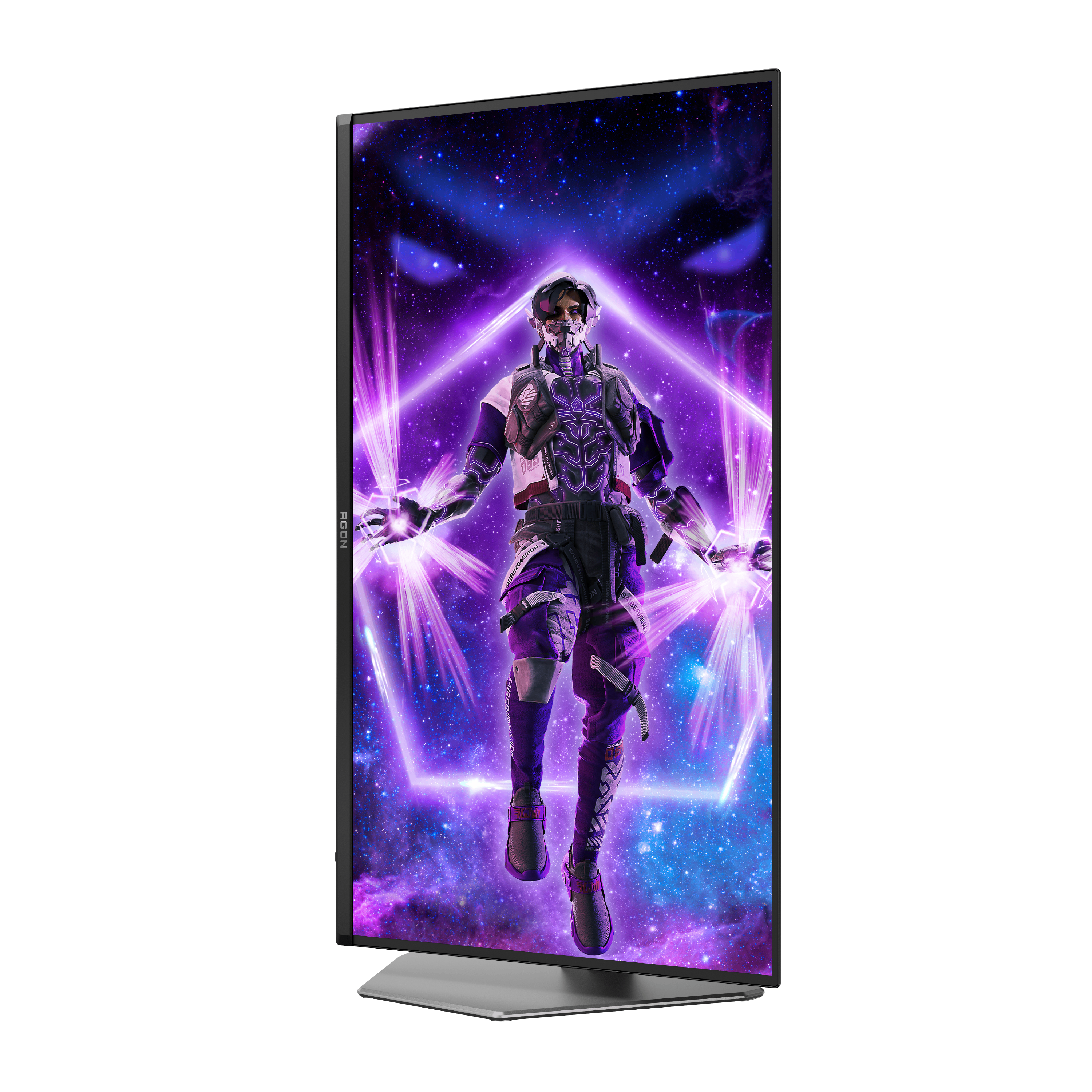 Monitor, der eine Videospiel-Figur in futuristischer Umgebung anzeigt.