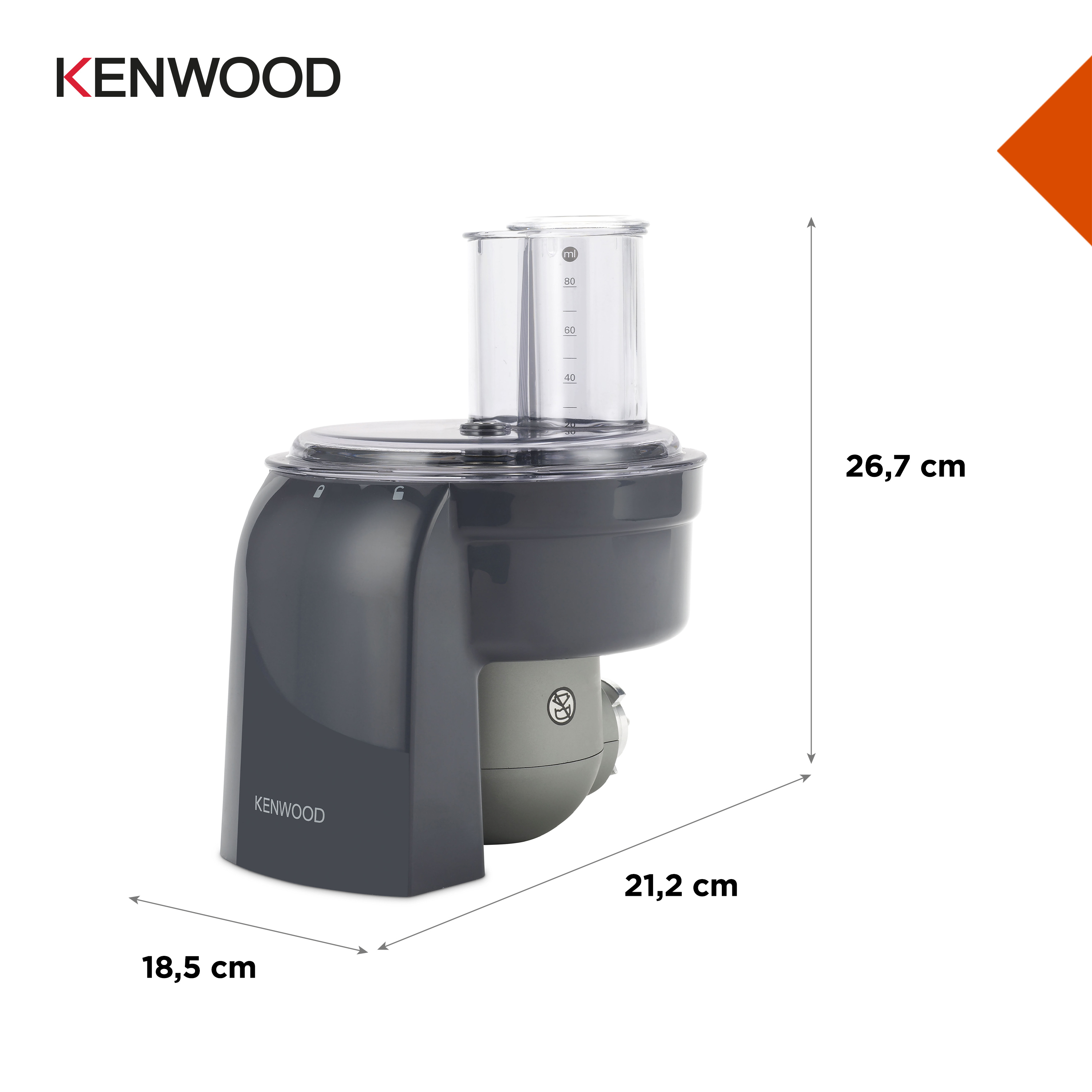 Ein Kenwood-Küchengerät, dunkelgrau, mit angegebenen Abmessungen. Das Logo ist sichtbar.