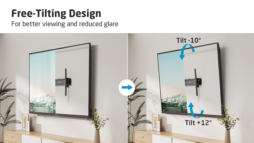 TV a falon, döntő mechanizmussal. Nyilak felfelé és lefelé mutatnak. Szöveg: Free-Tilting Design.