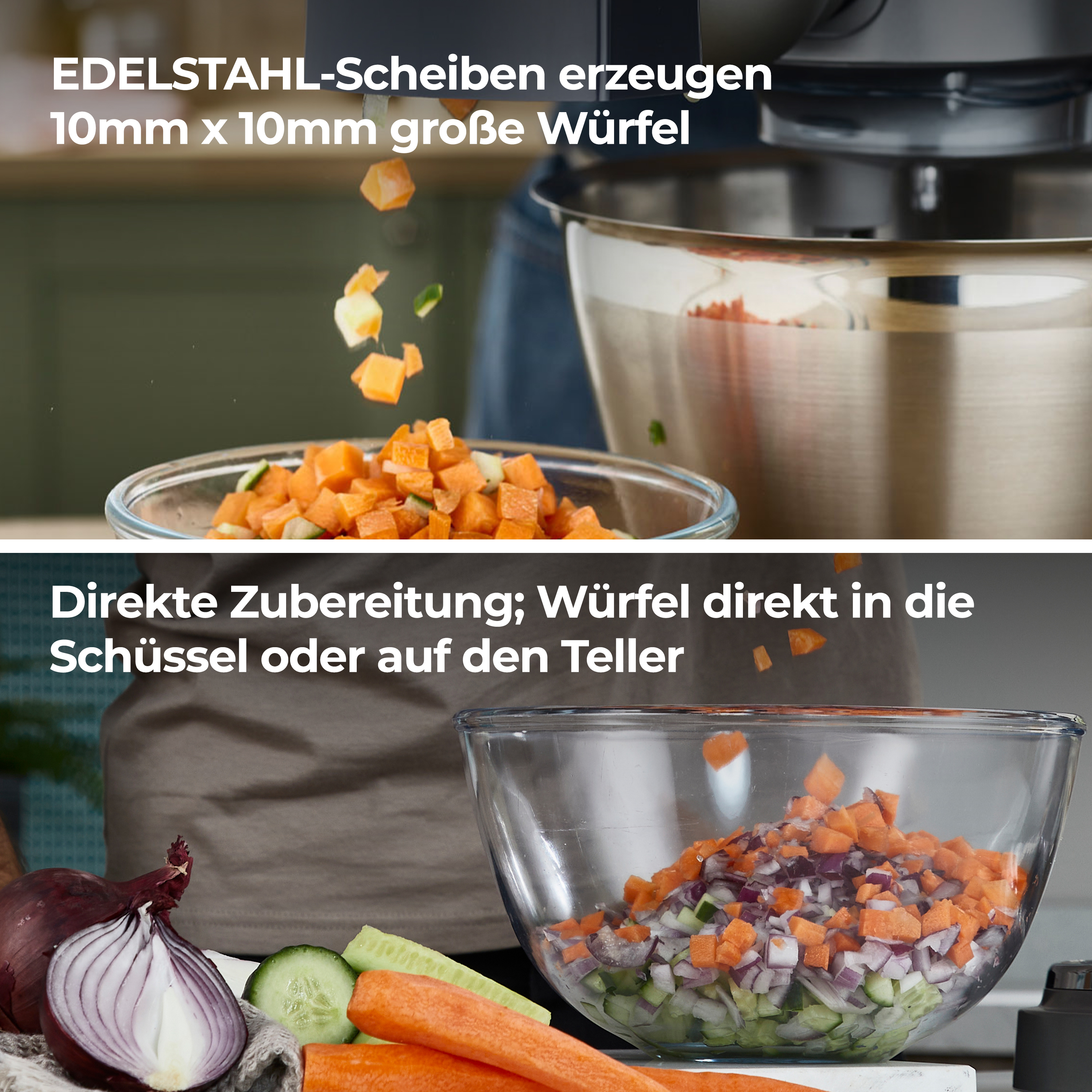 Gemüse wird in Würfel geschnitten. Sie werden in Schüsseln und auf einen Teller gegossen.