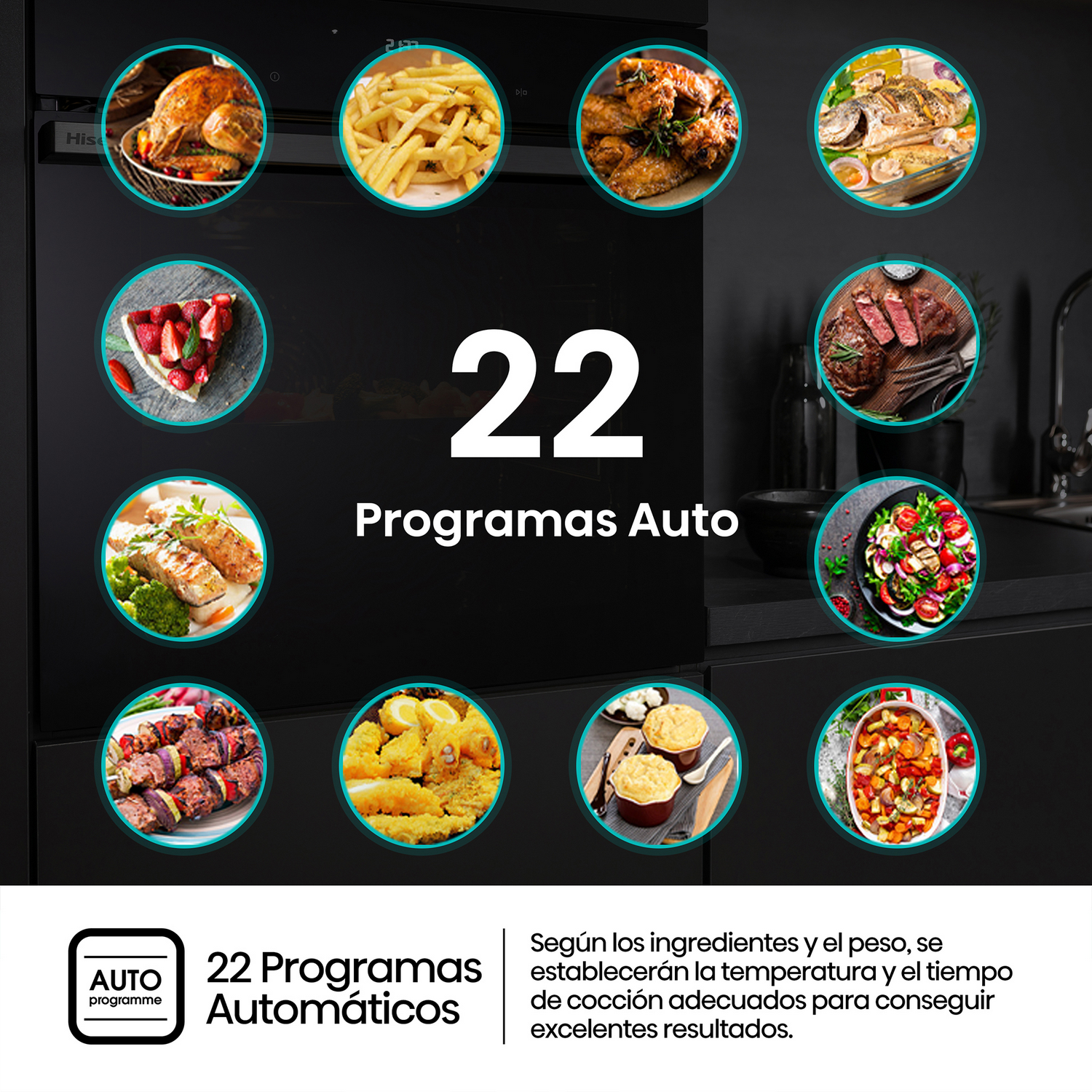 Horno con 22 programas automáticos. Imágenes de comida rodean el texto.