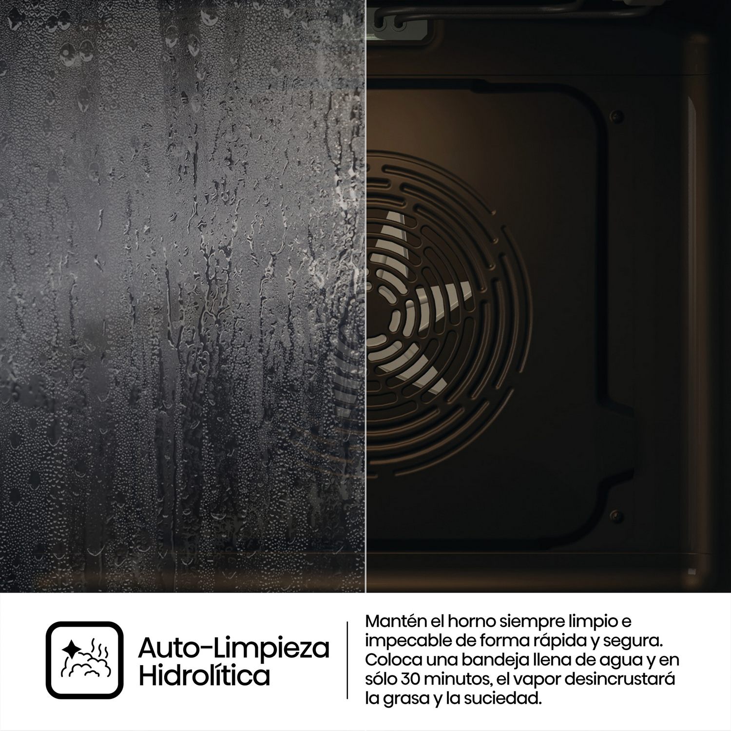 Puerta del horno con vapor. Texto: Auto-Limpieza Hidrolítica. Se ve el lado derecho del horno.