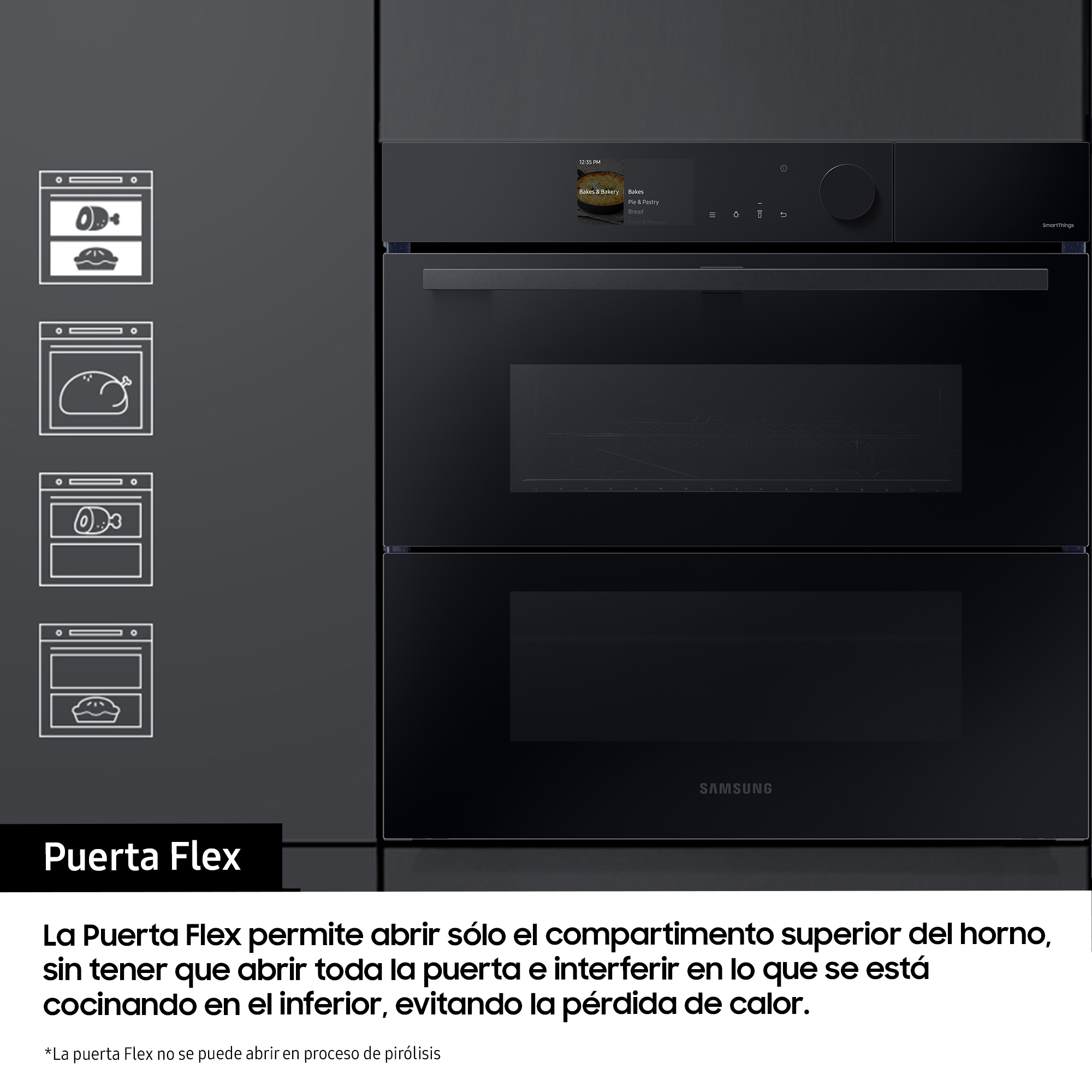 Un horno con la puerta abierta en el compartimento superior.