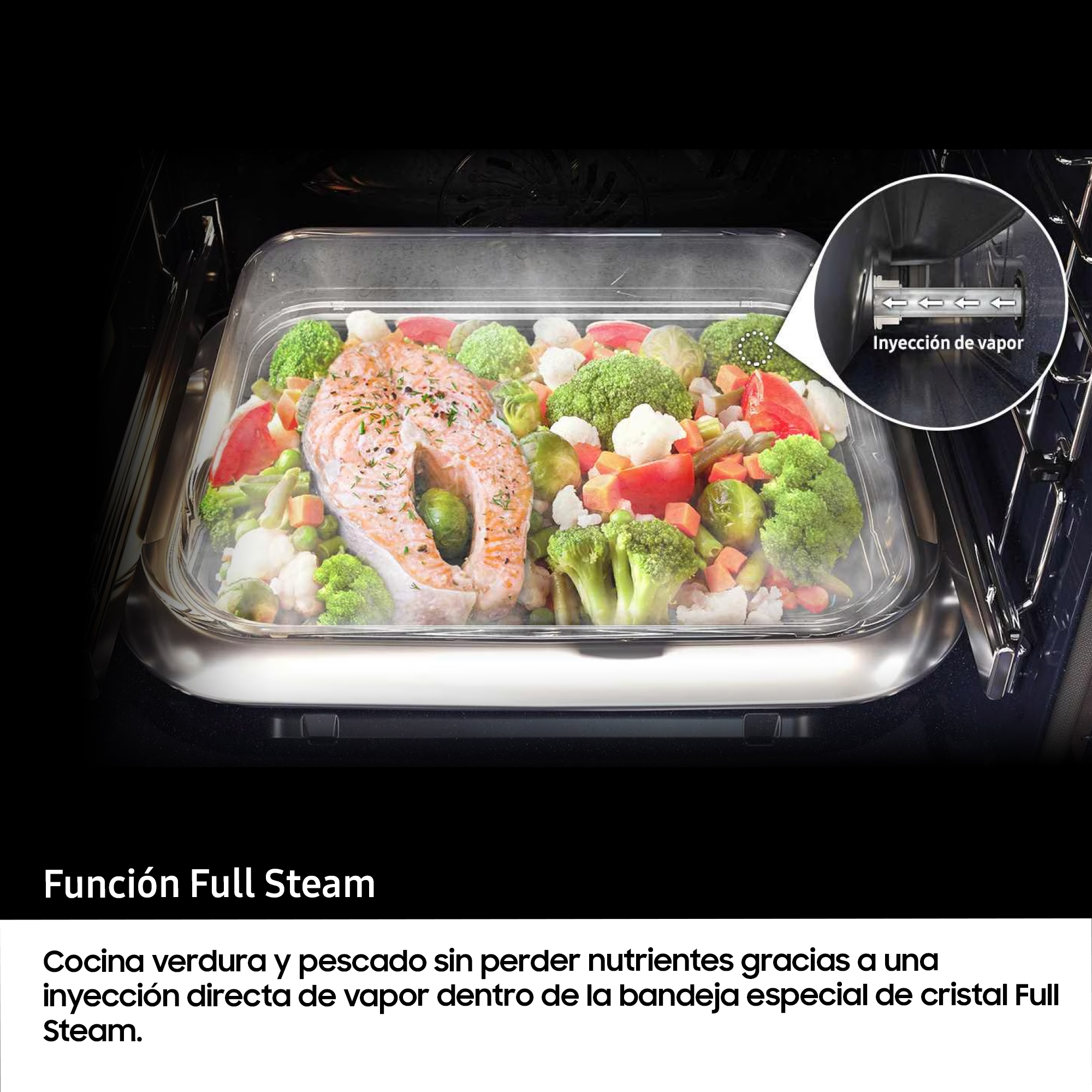 Una bandeja de verduras y salmón al vapor dentro de un horno.