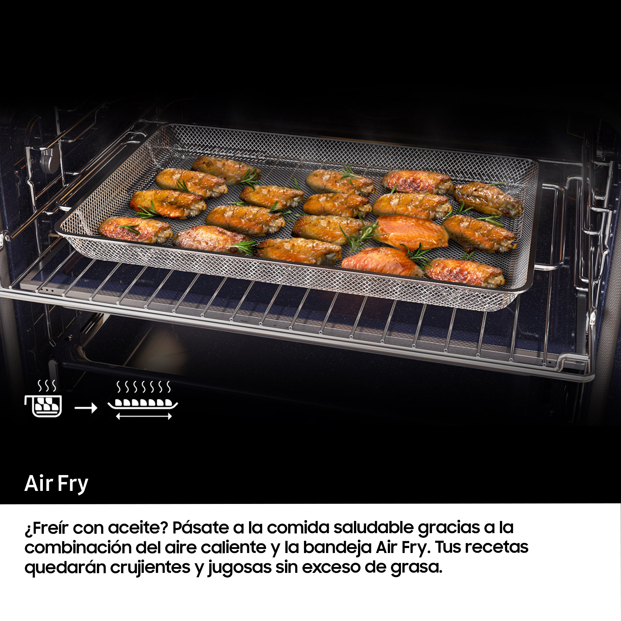 Un horno con una bandeja de alitas de pollo cocinadas, con texto: Air Fry.