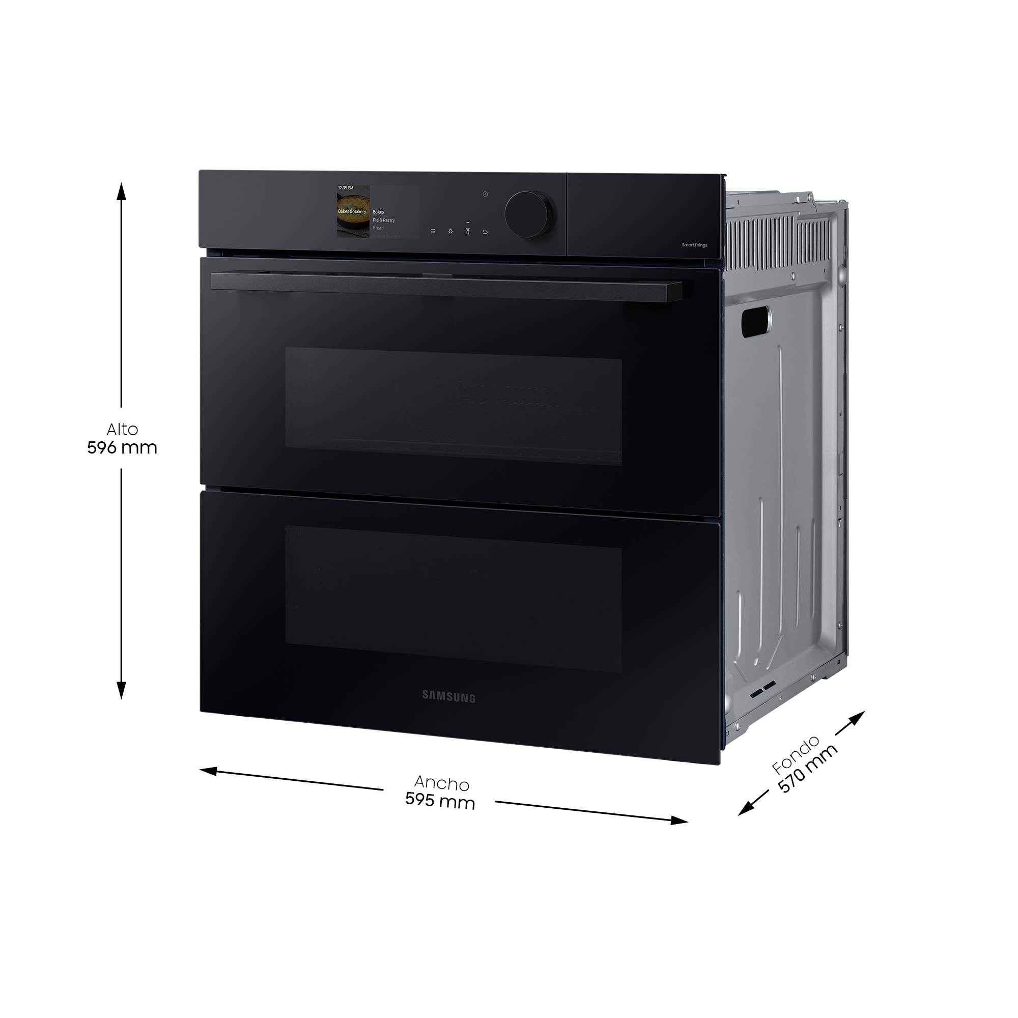 Horno empotrado negro con dos compartimentos, dimensiones: 595mm ancho, 598mm alto, 570mm fondo.