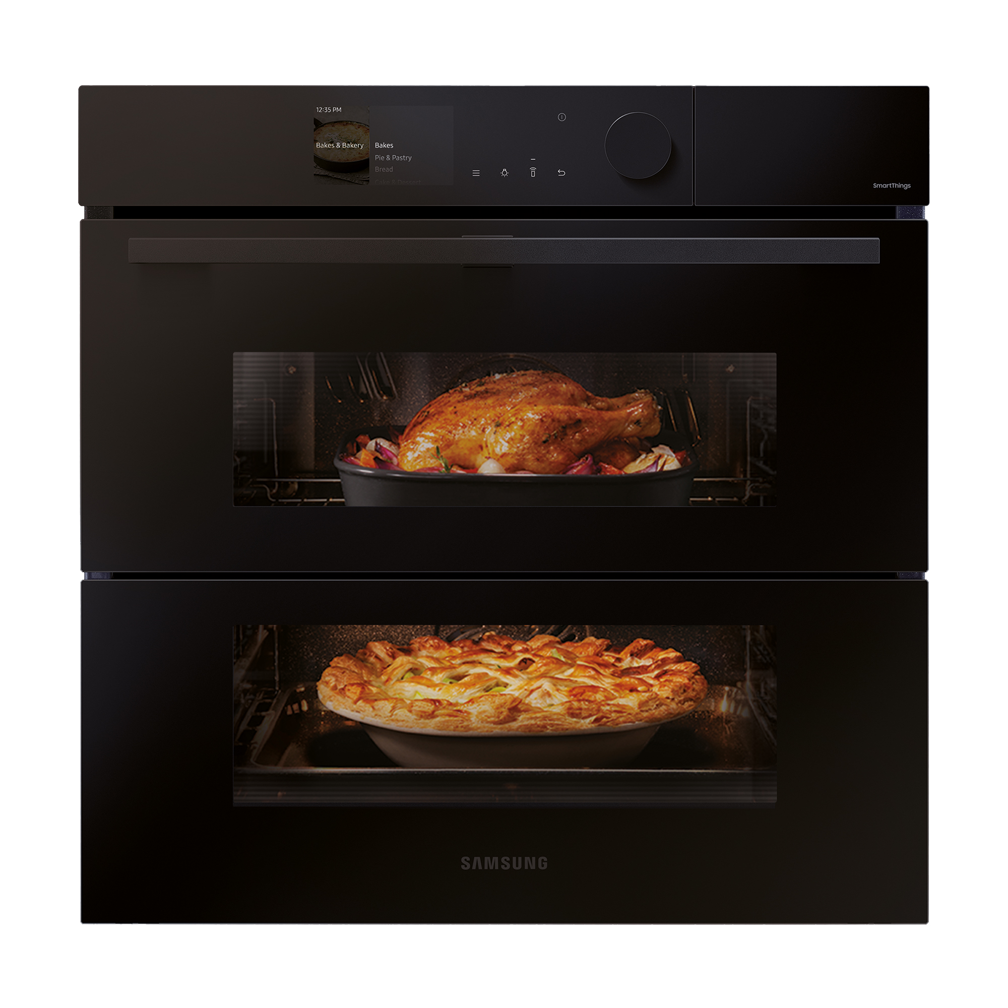 Horno inteligente Samsung negro con dos compartimentos. Uno muestra un pollo asado, el otro una tarta.