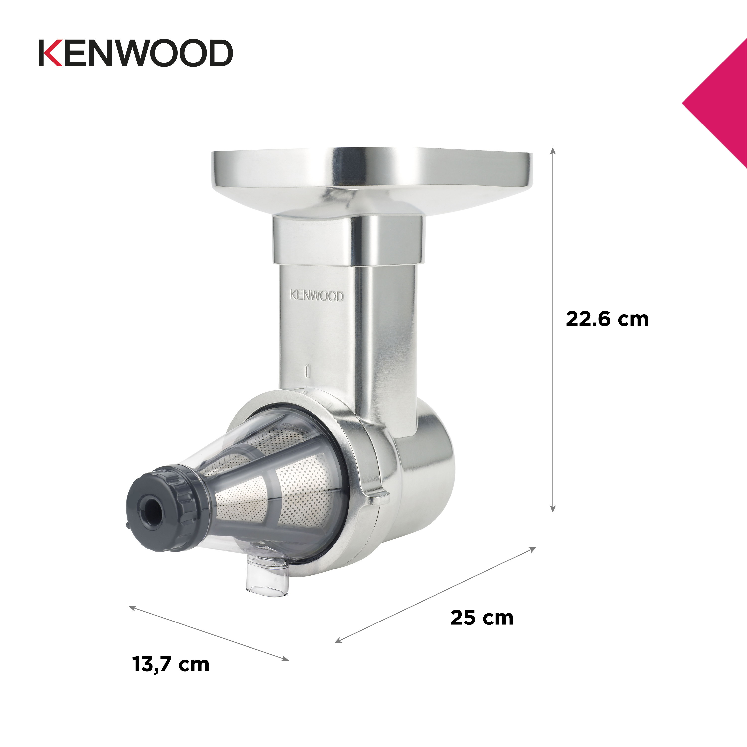 Kenwood-Fleischwolf mit Abmessungen. Weißer Hintergrund.