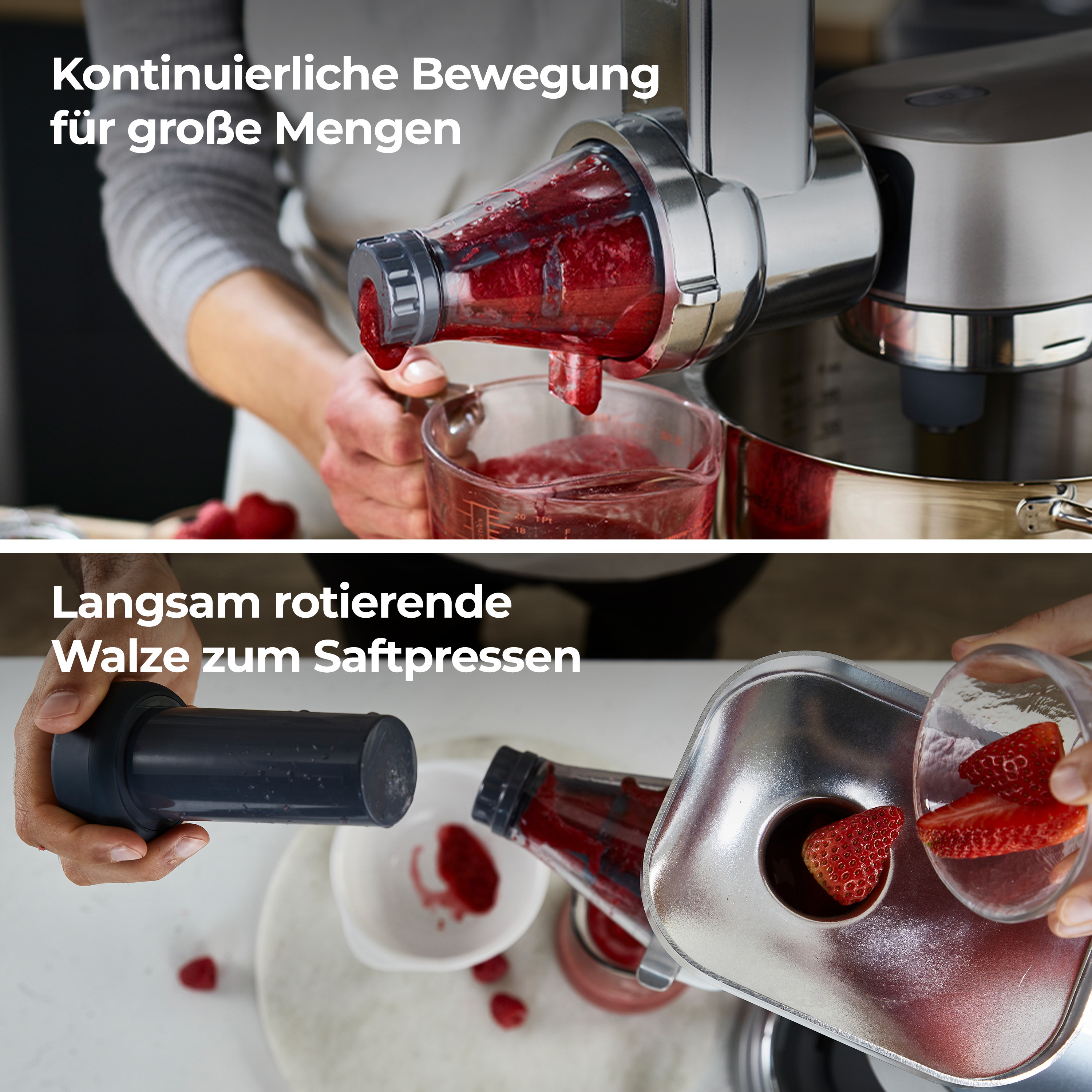 Entsafter in Aktion, der Saft aus roten Früchten extrahiert, mit deutschen Beschriftungen.