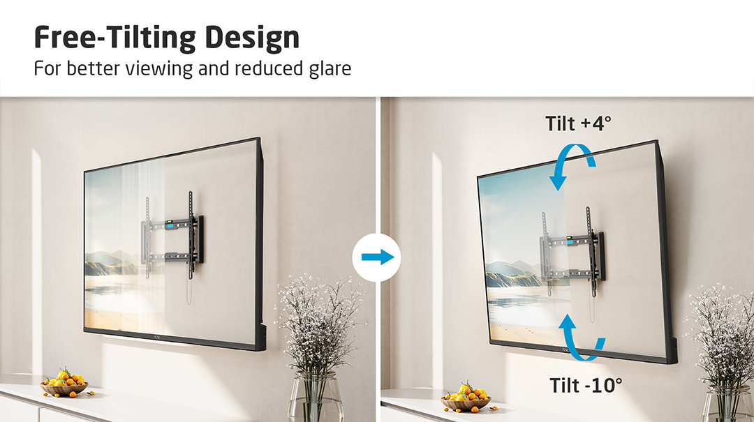 Két kép, amely egy egyenesen és döntötten felszerelt TV-t hasonlít össze. A szöveg azt mondja: 'Szabad dönthető design'.