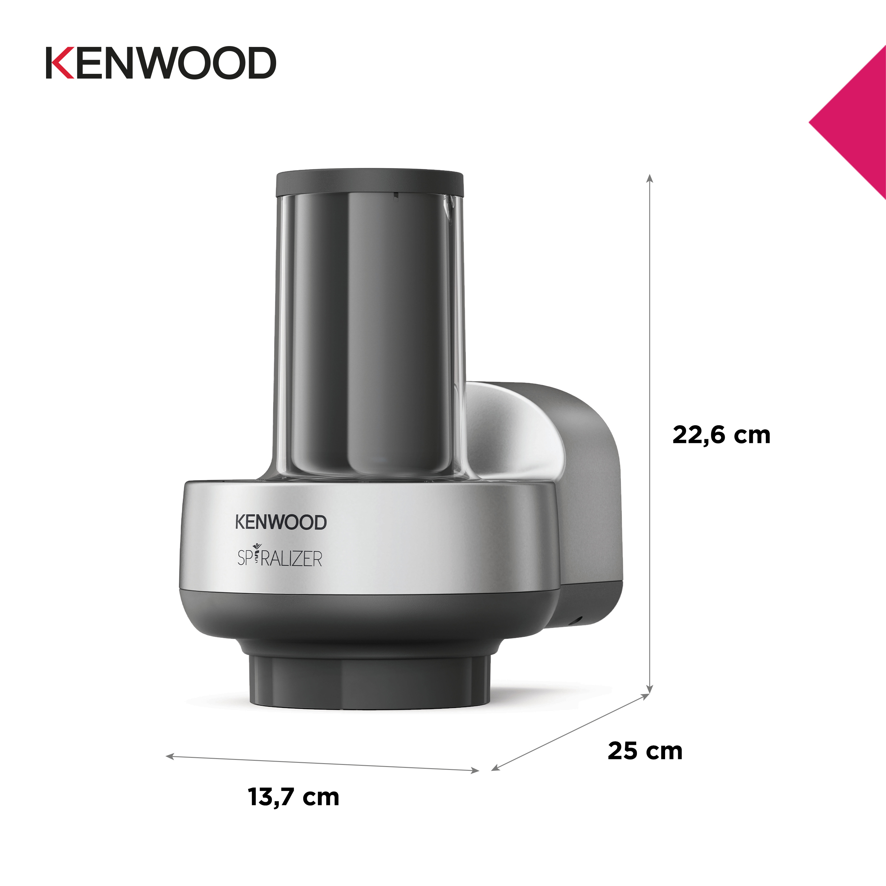 Kenwood-Küchenmaschine mit den Maßen: 13,7 cm breit, 25 cm hoch und 22,6 cm hoch.