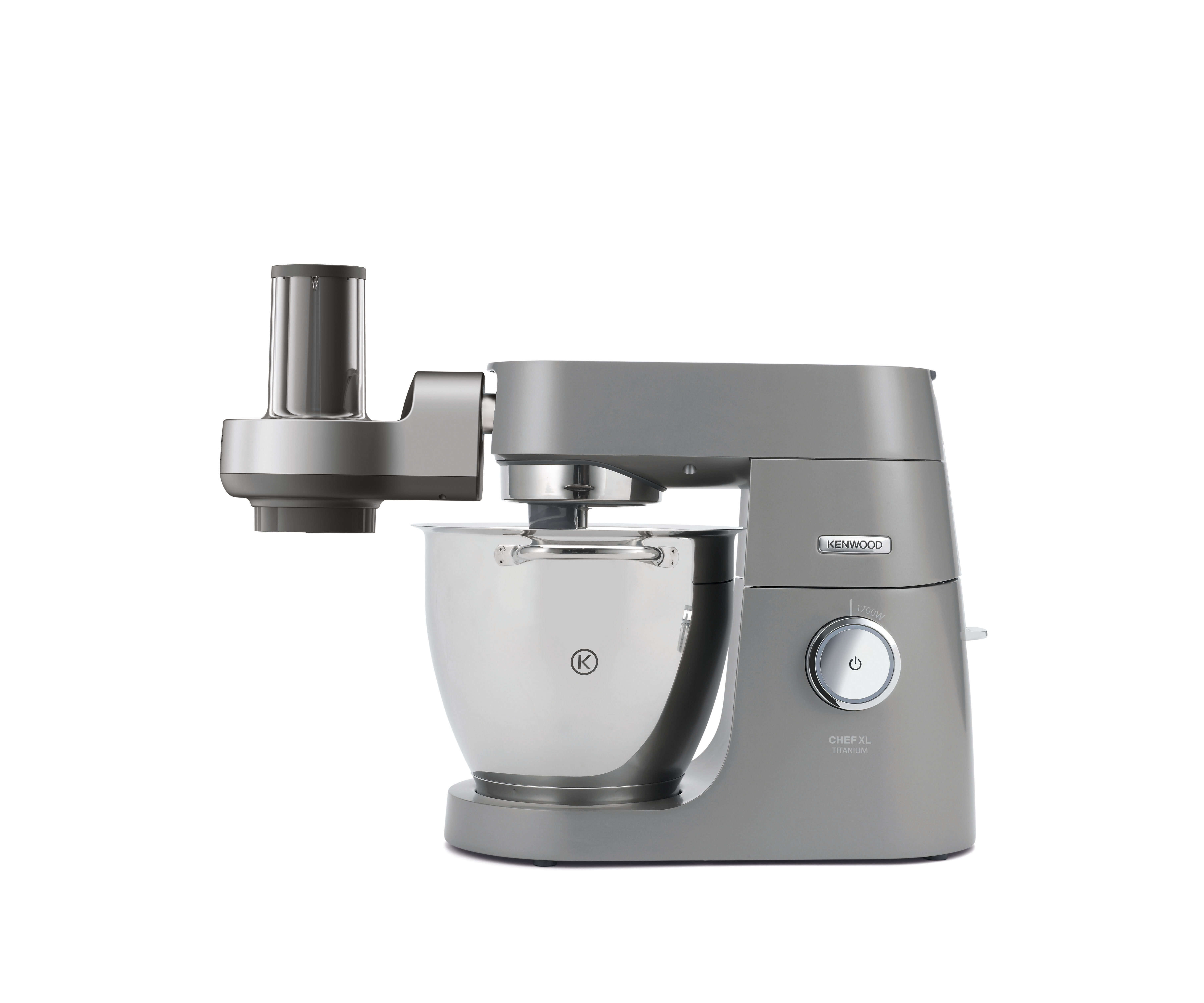 Grauer Kenwood Chef XL Küchenmixer. Mit Rührschüssel und Lebensmittelverarbeitungsaufsatz.
