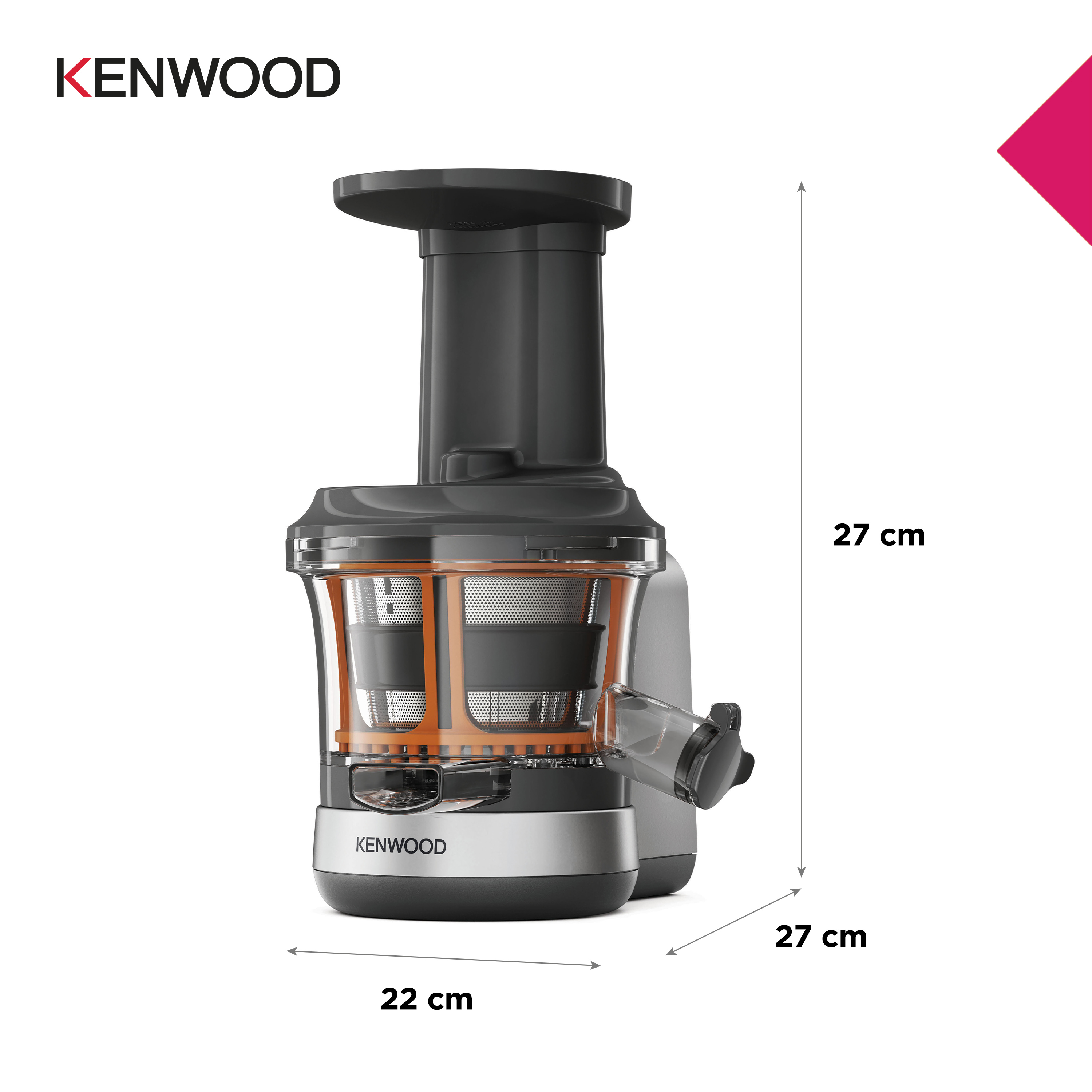 Kenwood-Entsafter, Seitenansicht. Zeigt das Design, die Abmessungen und die Gesamtstruktur des Entsafters.