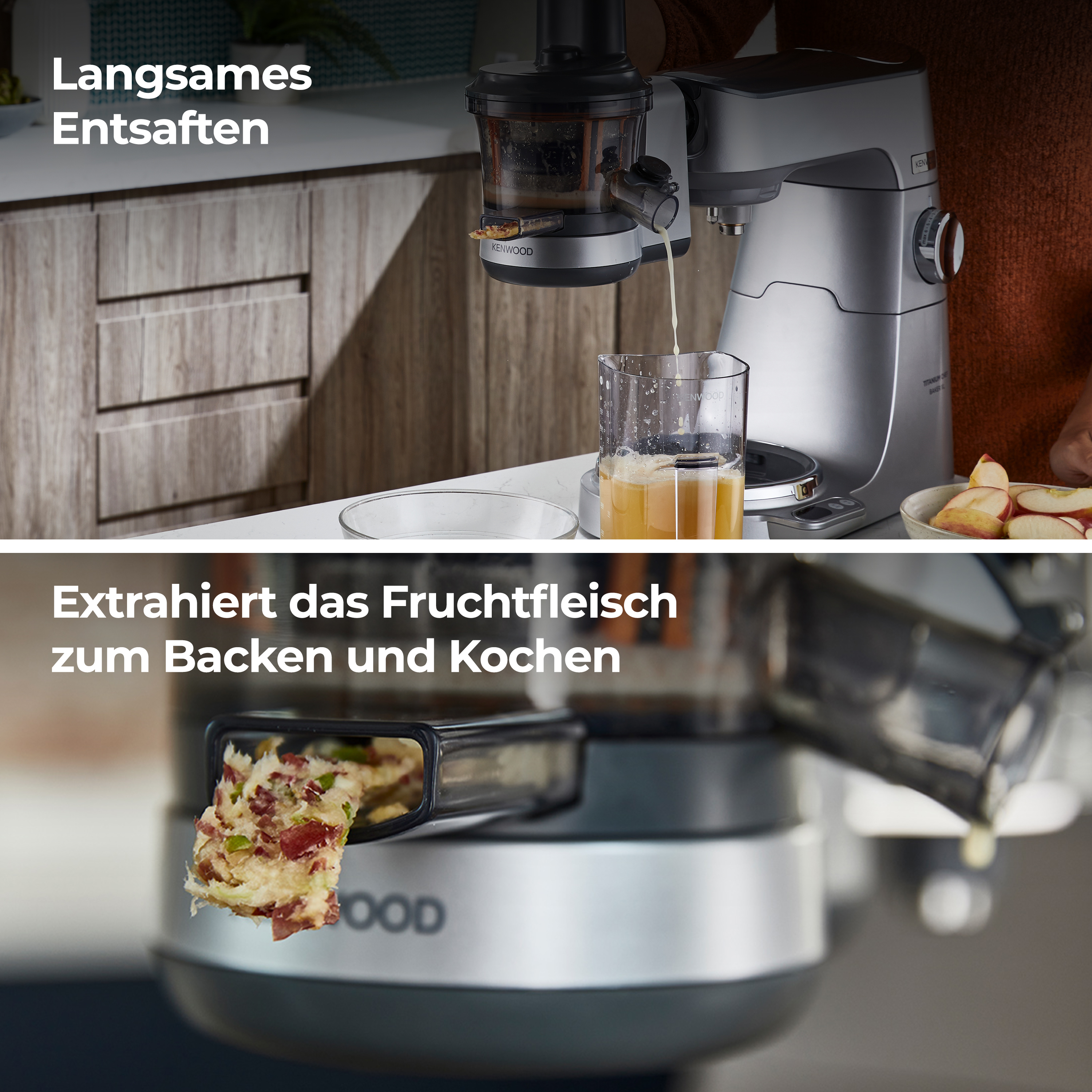Ein Entsafter presst Saft in ein Glas. Fruchtfleisch wird separat extrahiert.