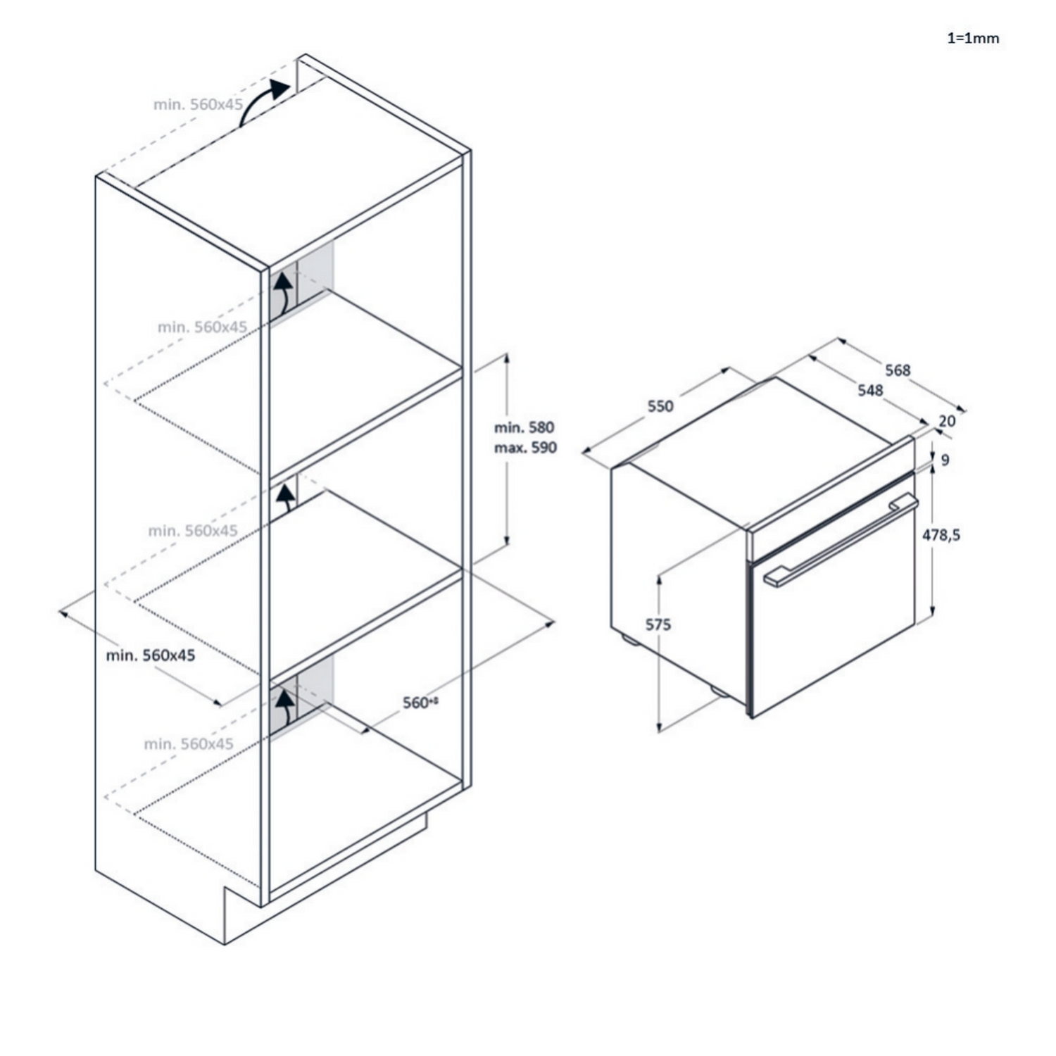 Diagrama de un armario y un lavavajillas que muestra dimensiones y detalles de instalación.