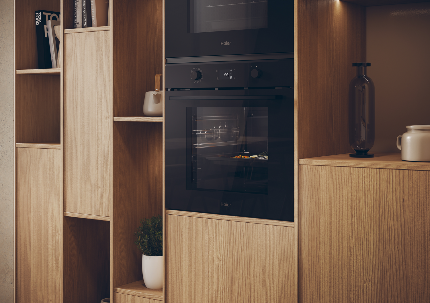 Gabinete de madera con horno negro y estantes. Planta y objetos decorativos dentro.