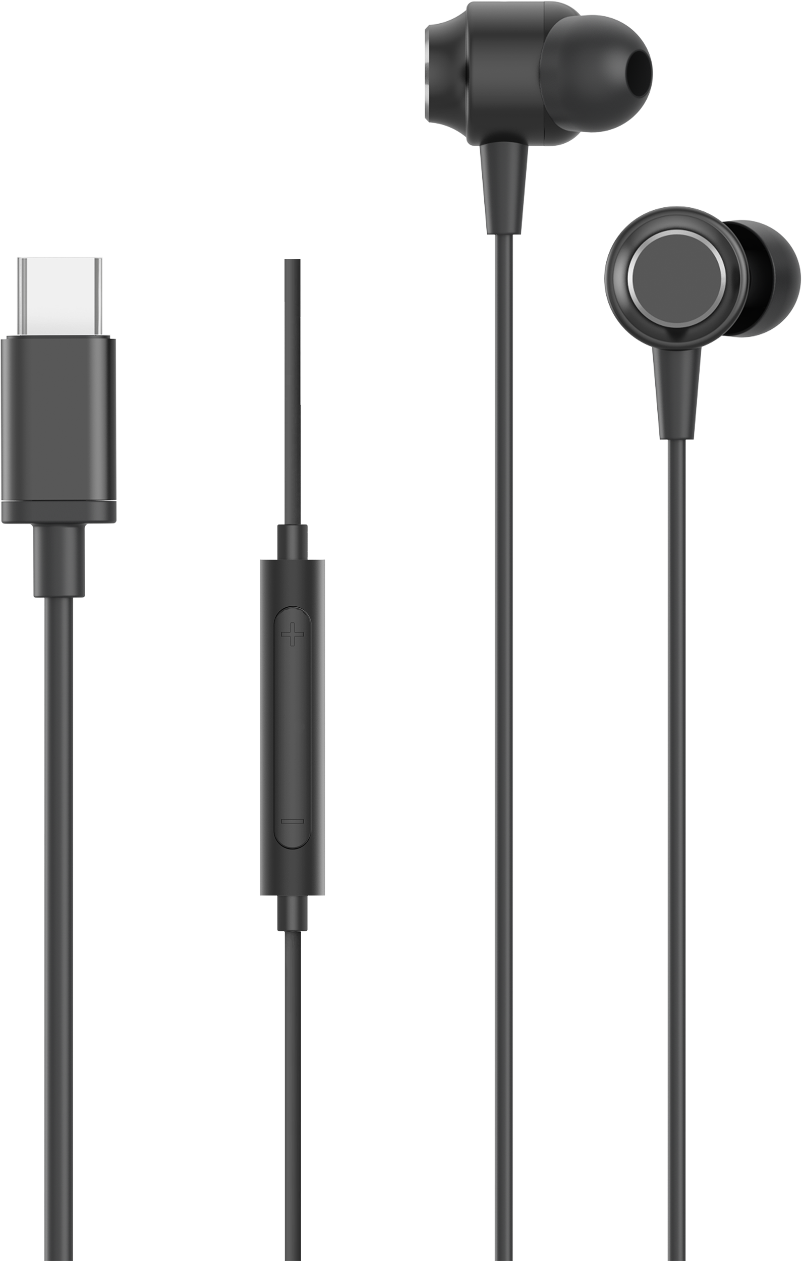 Fekete USB-C fülhallgató kábel, beépített vezérlőkkel és két fülhallgatóval.
