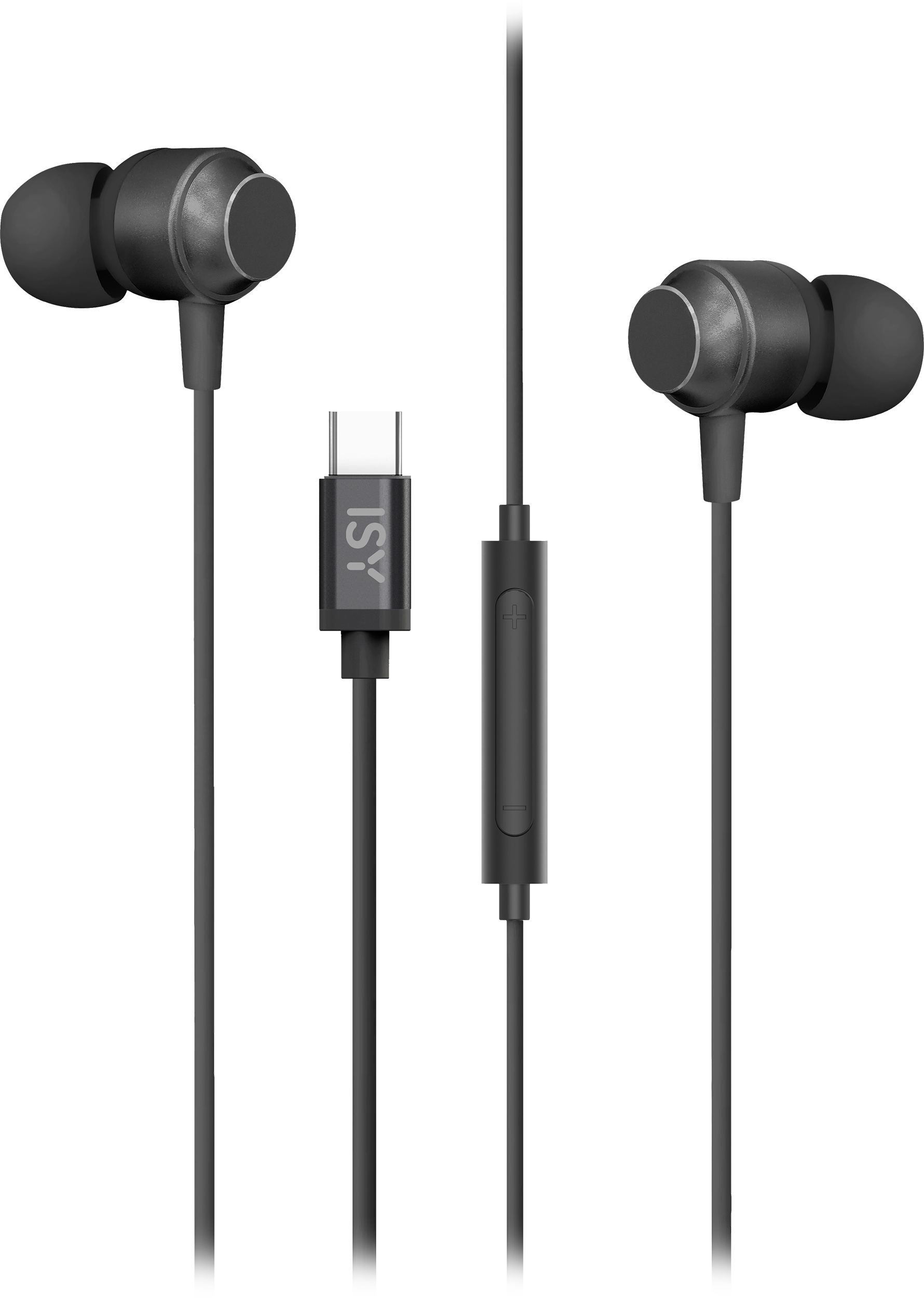 Fekete fülhallgató USB-C csatlakozóval. A vezetéken egy vezérlő található.