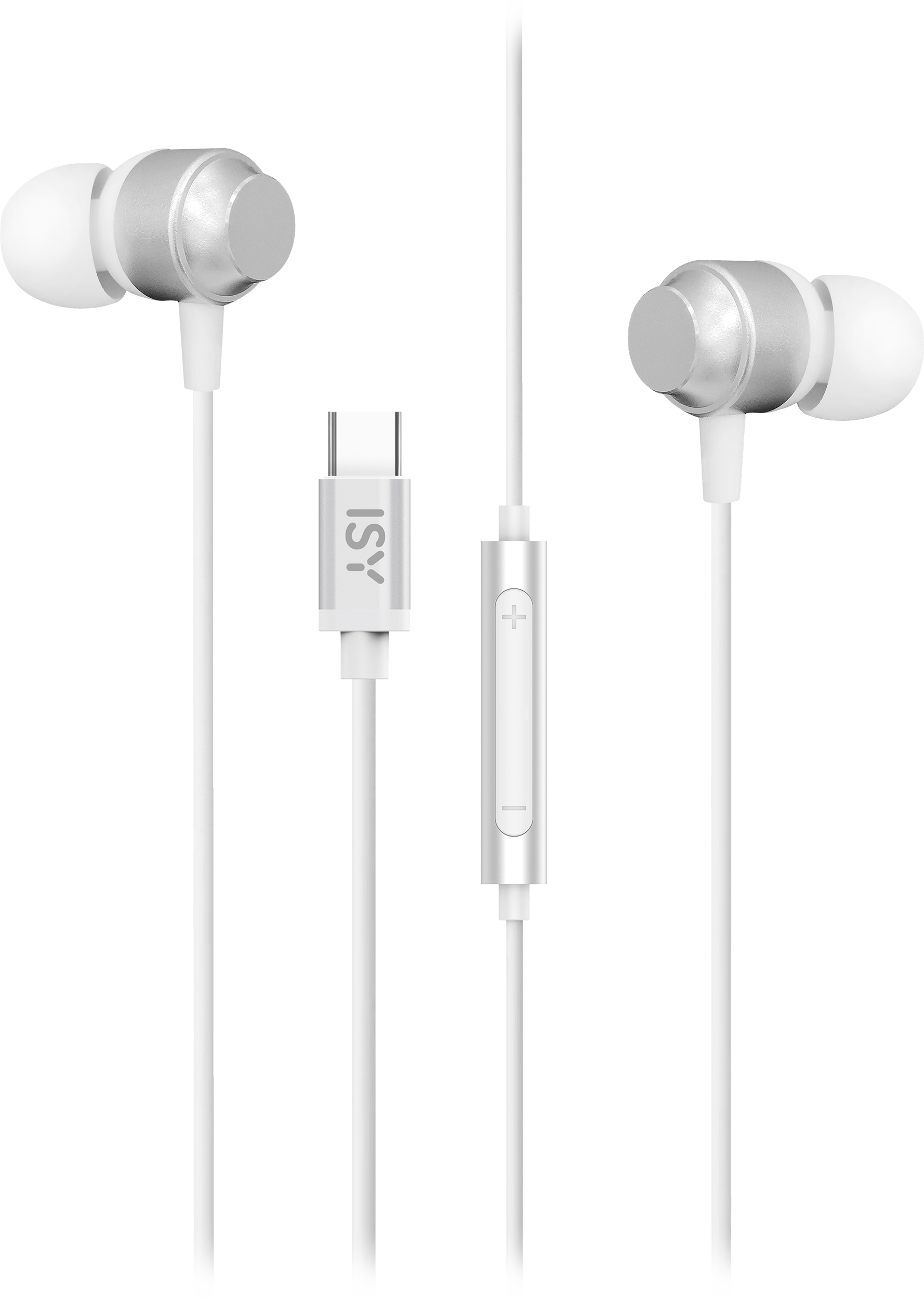 Fehér vezetékes fülhallgató USB-C csatlakozóval és vezetéken lévő vezérlőgombbal.