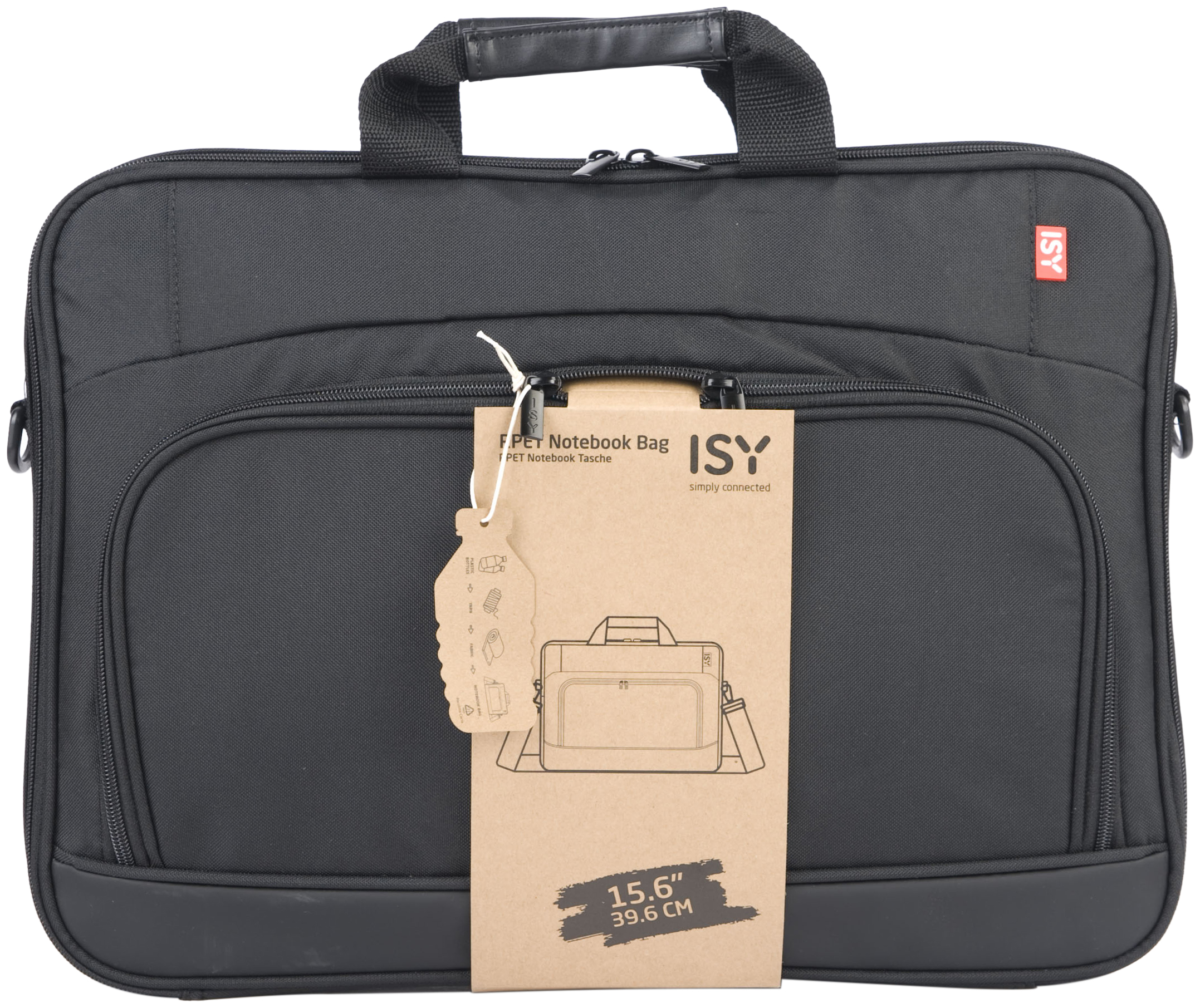 Fekete ISY notebook táska, címkével. A táskának fogantyúi és vállpántja van.