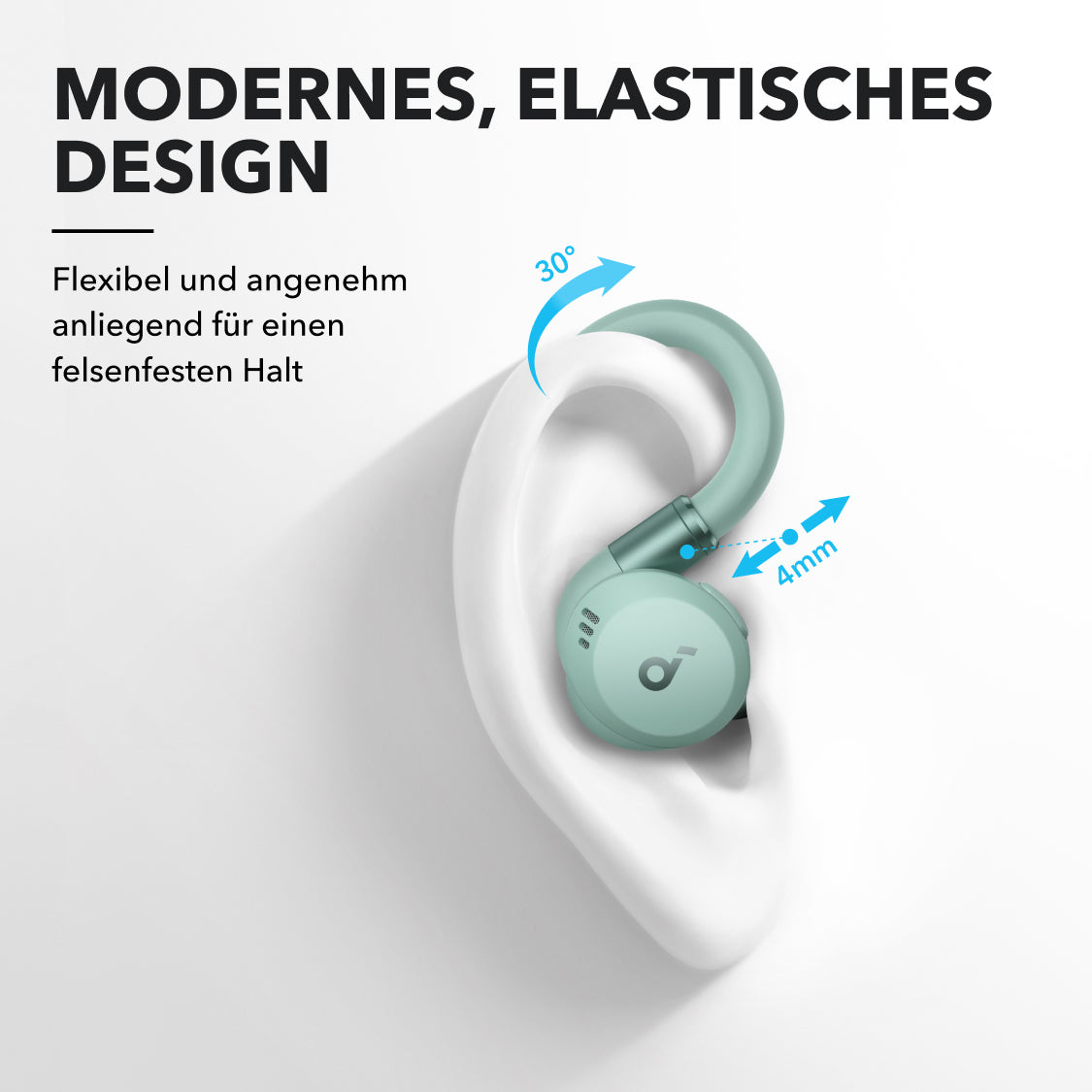 Ein Ohr mit türkisfarbenem Ohrhörer, mit Diagramm, das Design und Maße zeigt.