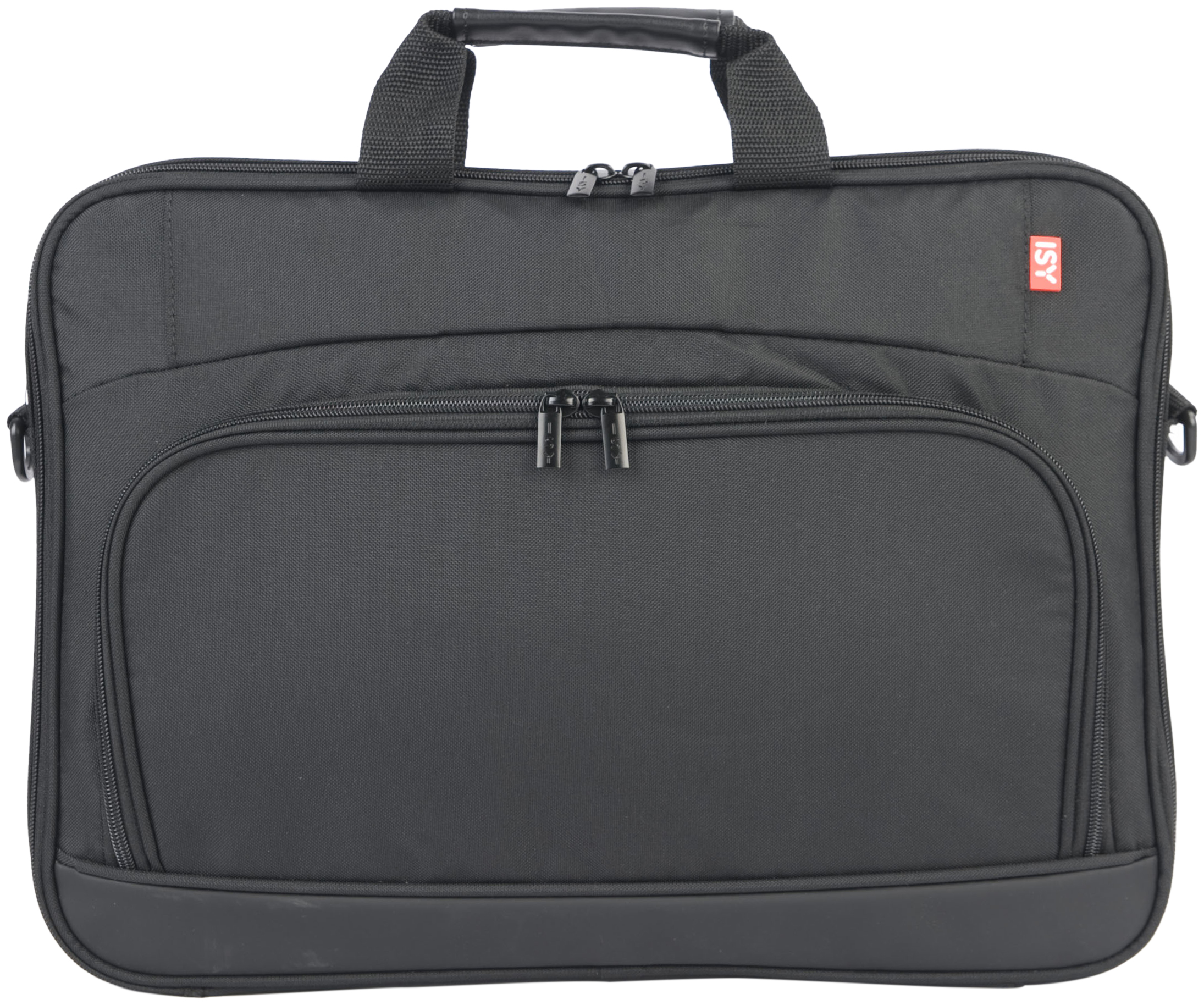 Fekete laptop táska cipzárral, fogantyúval és ISY logóval.