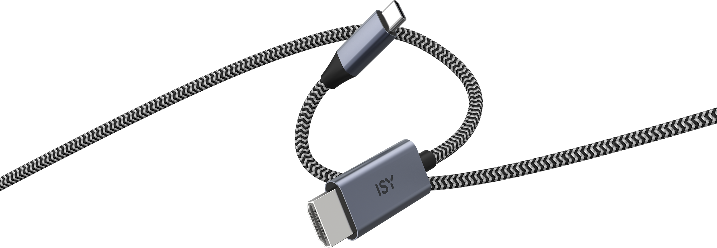 Egy szürke USB-C-HDMI kábel fekete-fehér szőtt mintával. A csatlakozók szürkék.