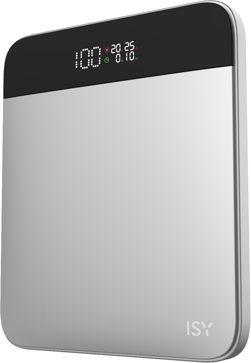 Egy ezüst power bank digitális kijelzővel.