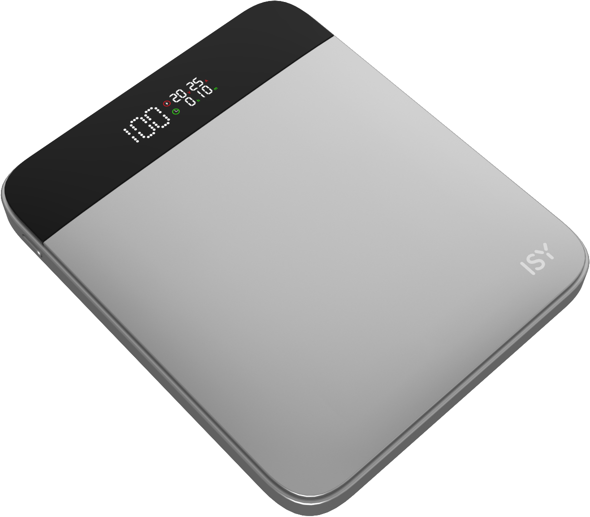 Ezüst és fekete hordozható power bank digitális kijelzővel, amely az akkumulátor százalékát mutatja.