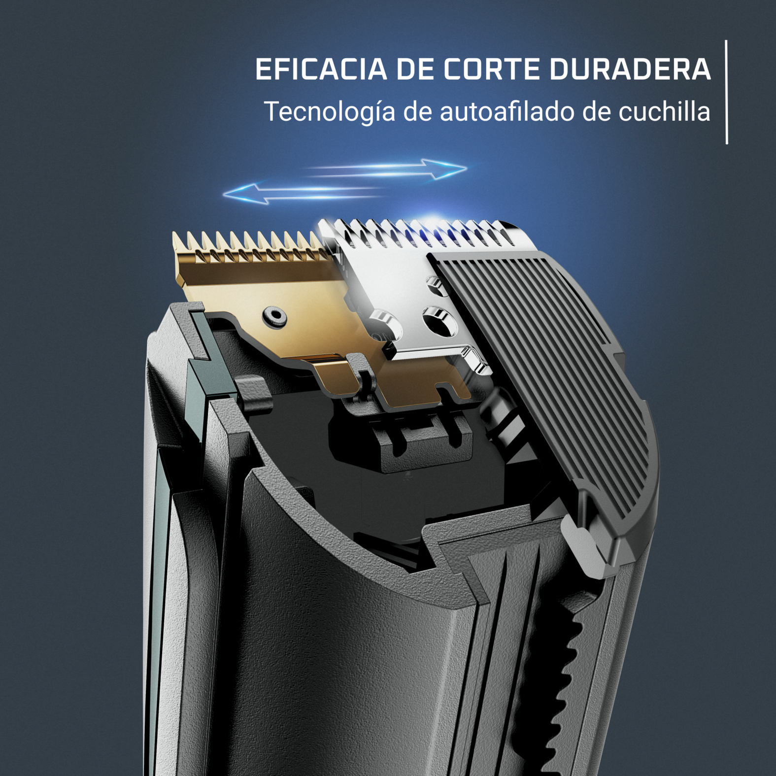 Primer plano de una cortadora de cabello negra y dorada. Tiene una cuchilla con detalles azules.