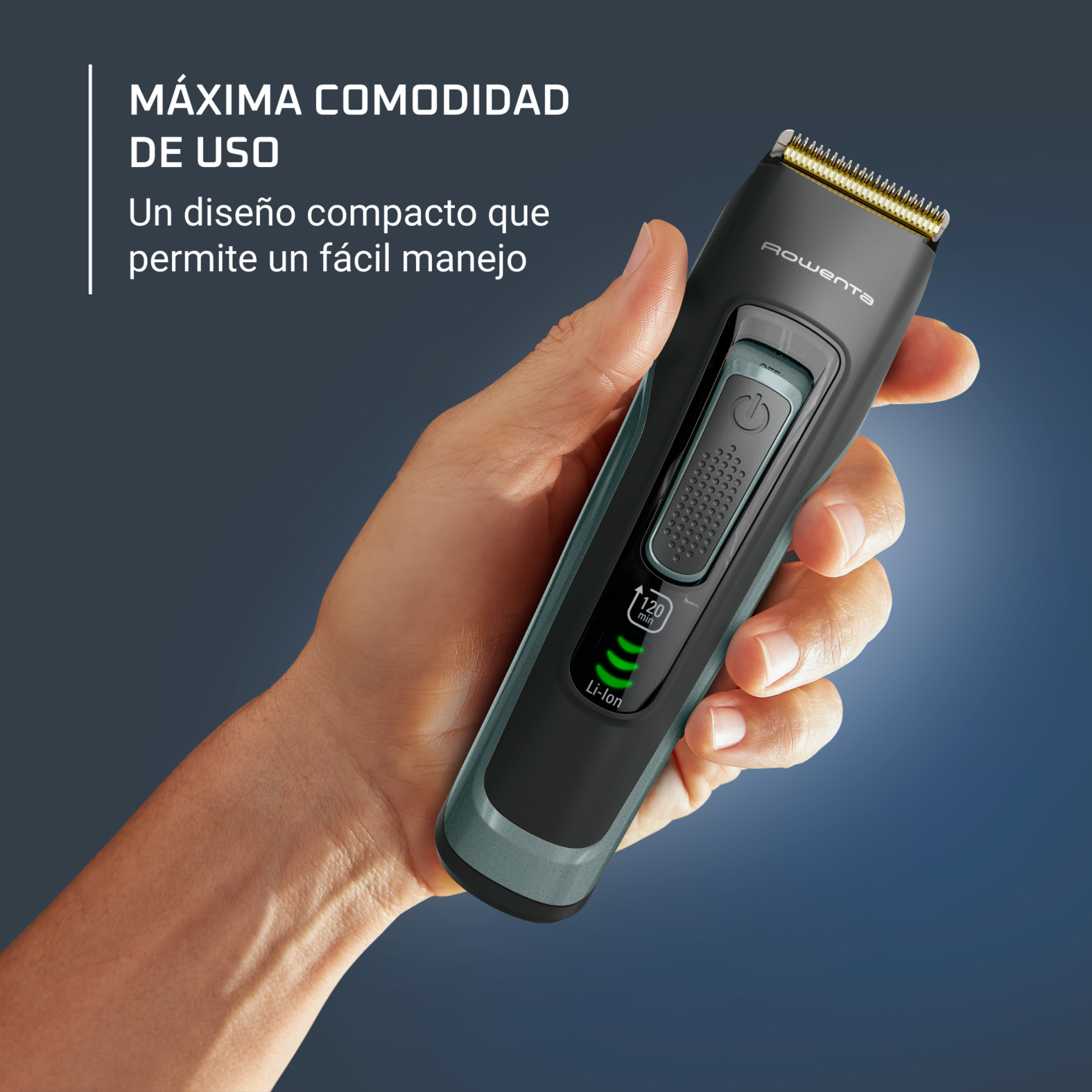 Mano sosteniendo una recortadora de cabello negra y gris. Muestra la duración de la batería y tiene un botón.