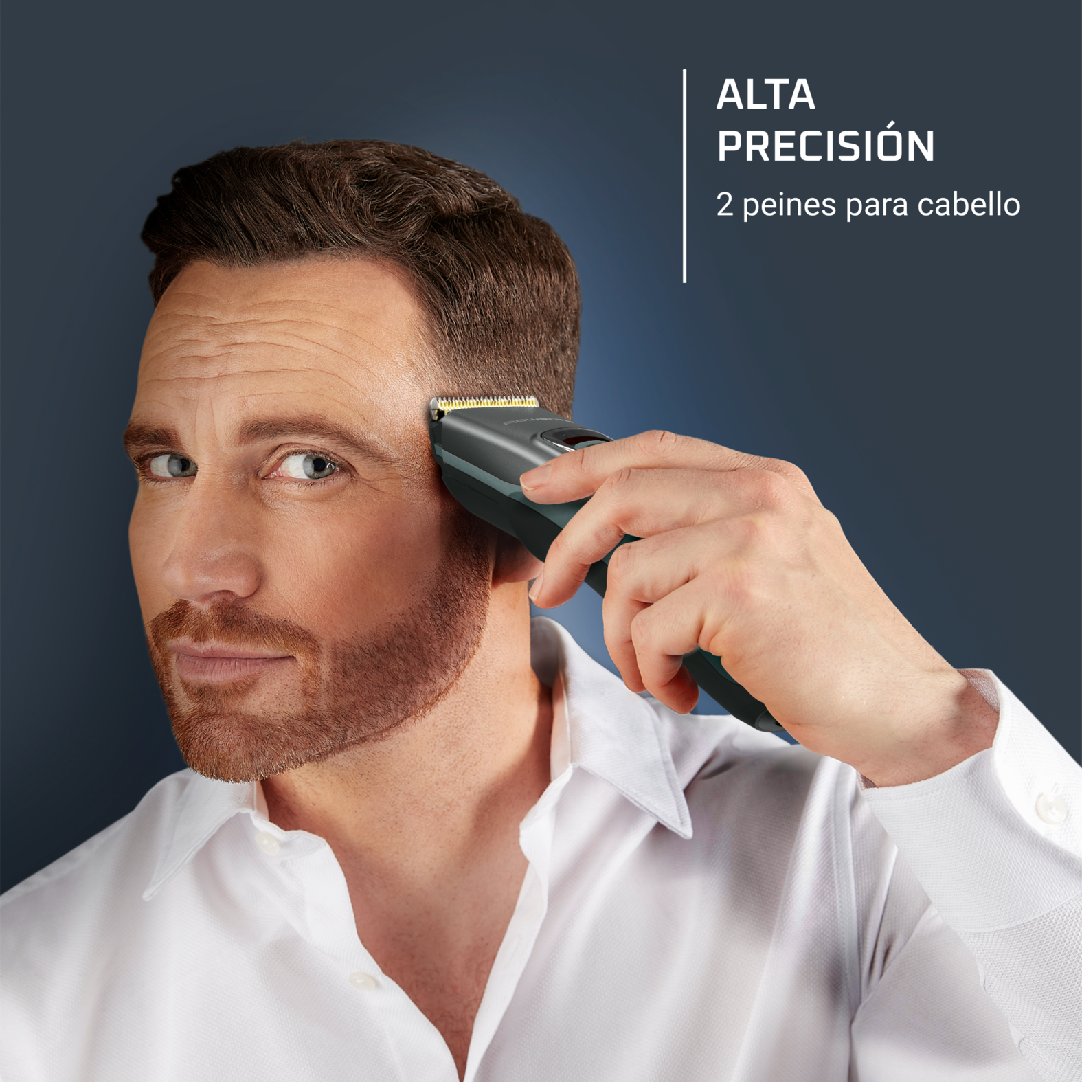 Un hombre usando una cortadora de cabello, con texto: 'ALTA PRECISIÓN'.