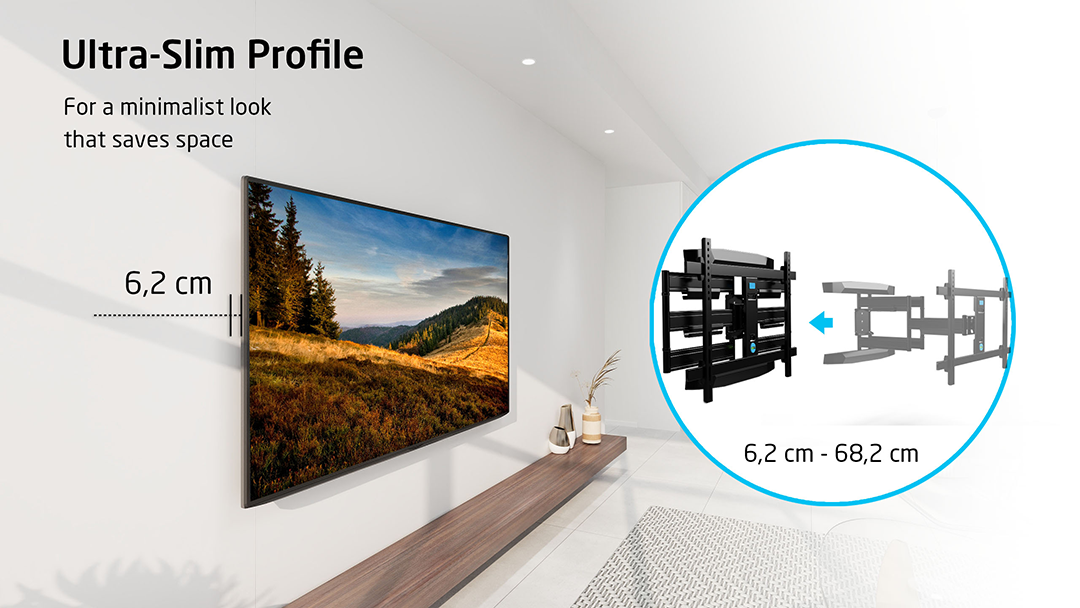 TV a falon. Szöveg az ultravékony profilról. TV tartó diagramja. Fehér fal és fa polc.