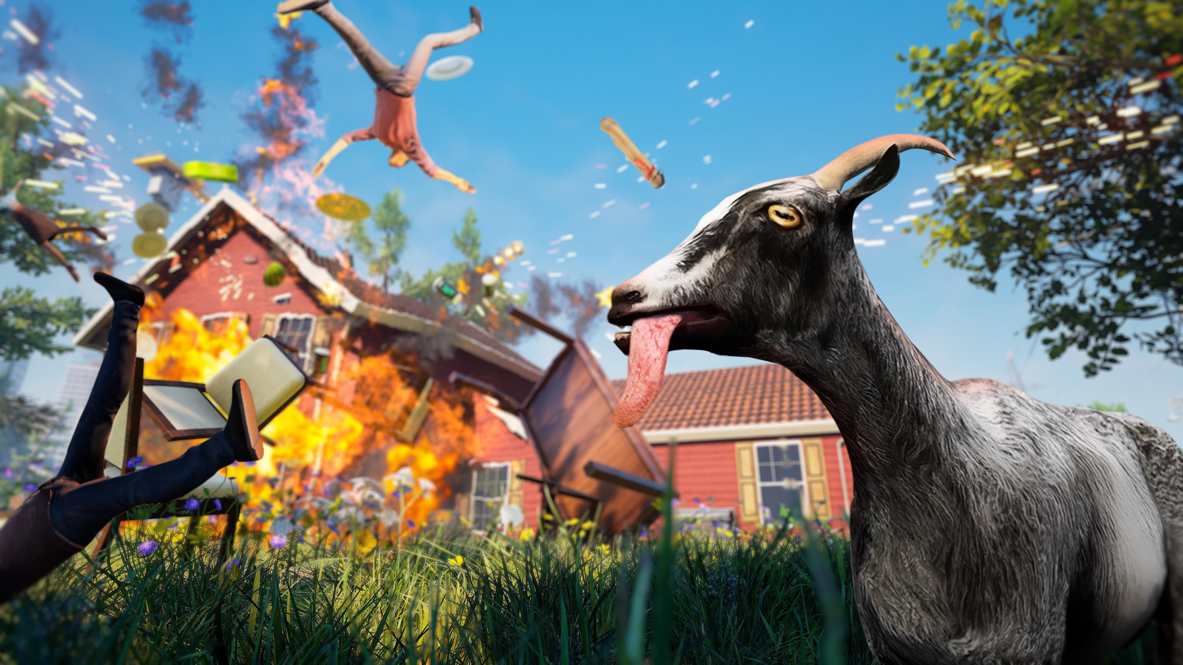 Ziege mit Zunge, vor einem explodierenden Haus, mit fliegenden Menschen.