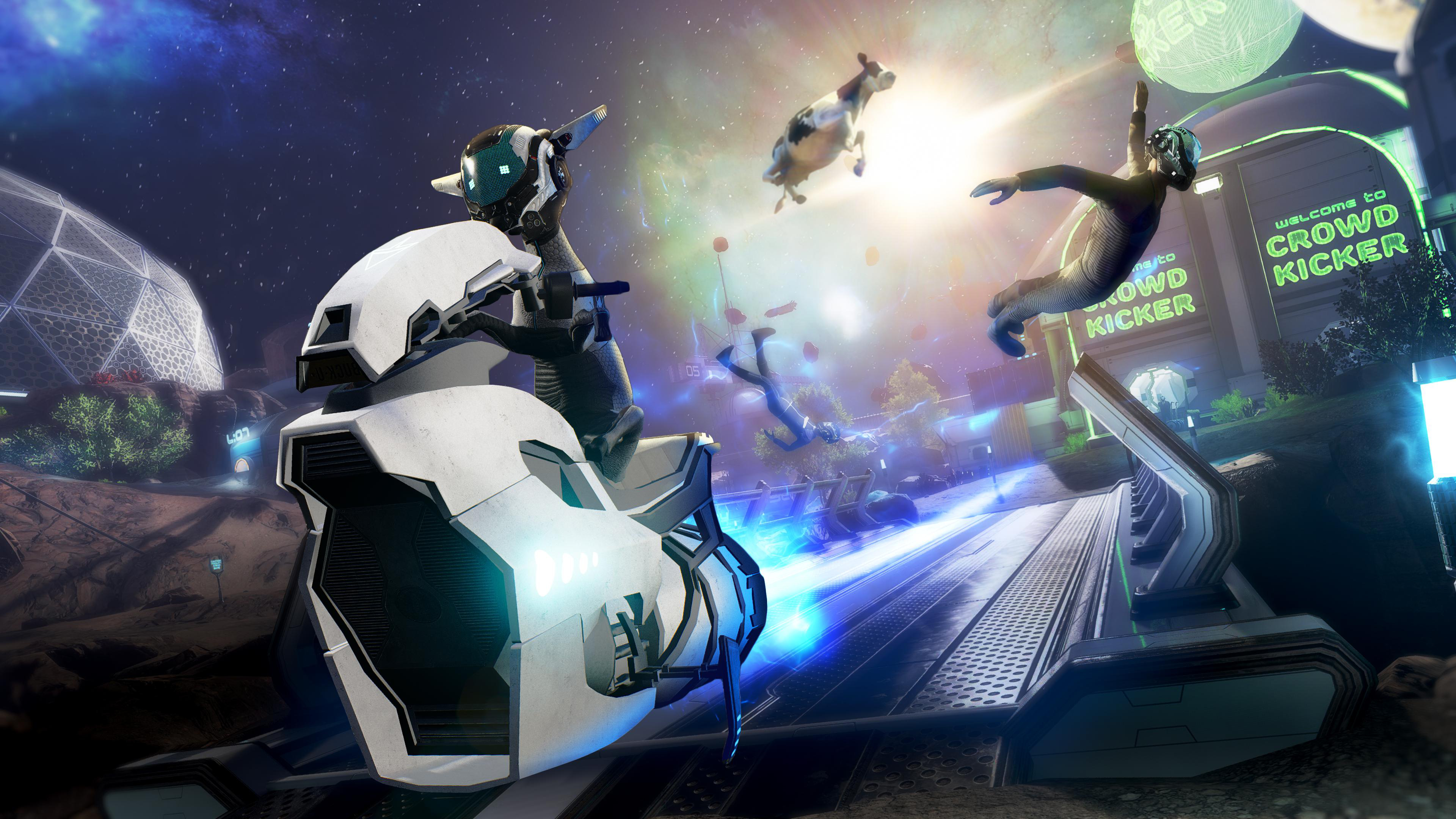 Futuristische Szene mit Roboter auf Fahrzeug, fliegenden Menschen, Kuh im Weltraum, mit Schild.