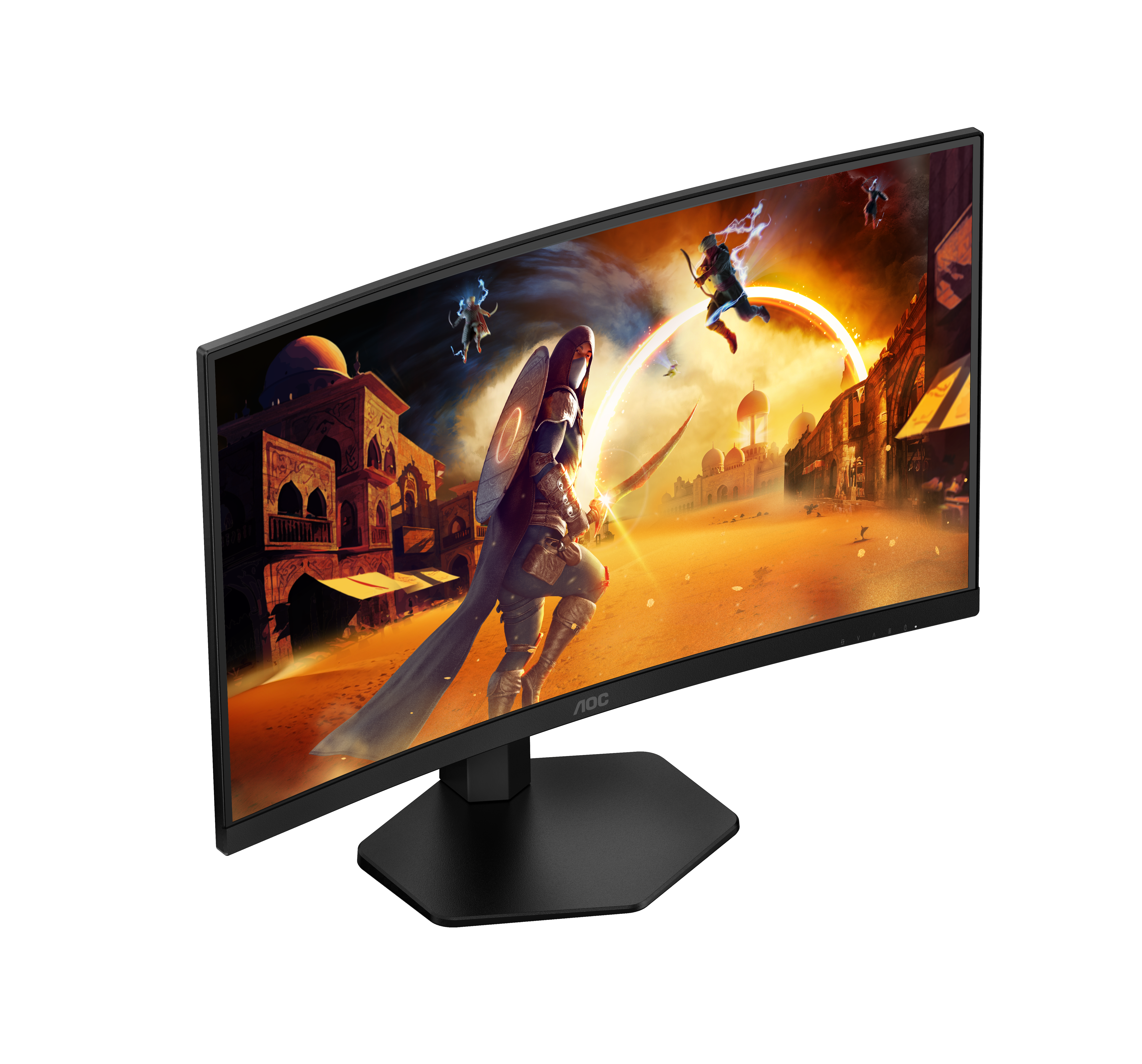 Ein gekrümmter Gaming-Monitor, der eine Spielszene mit Charakteren zeigt.