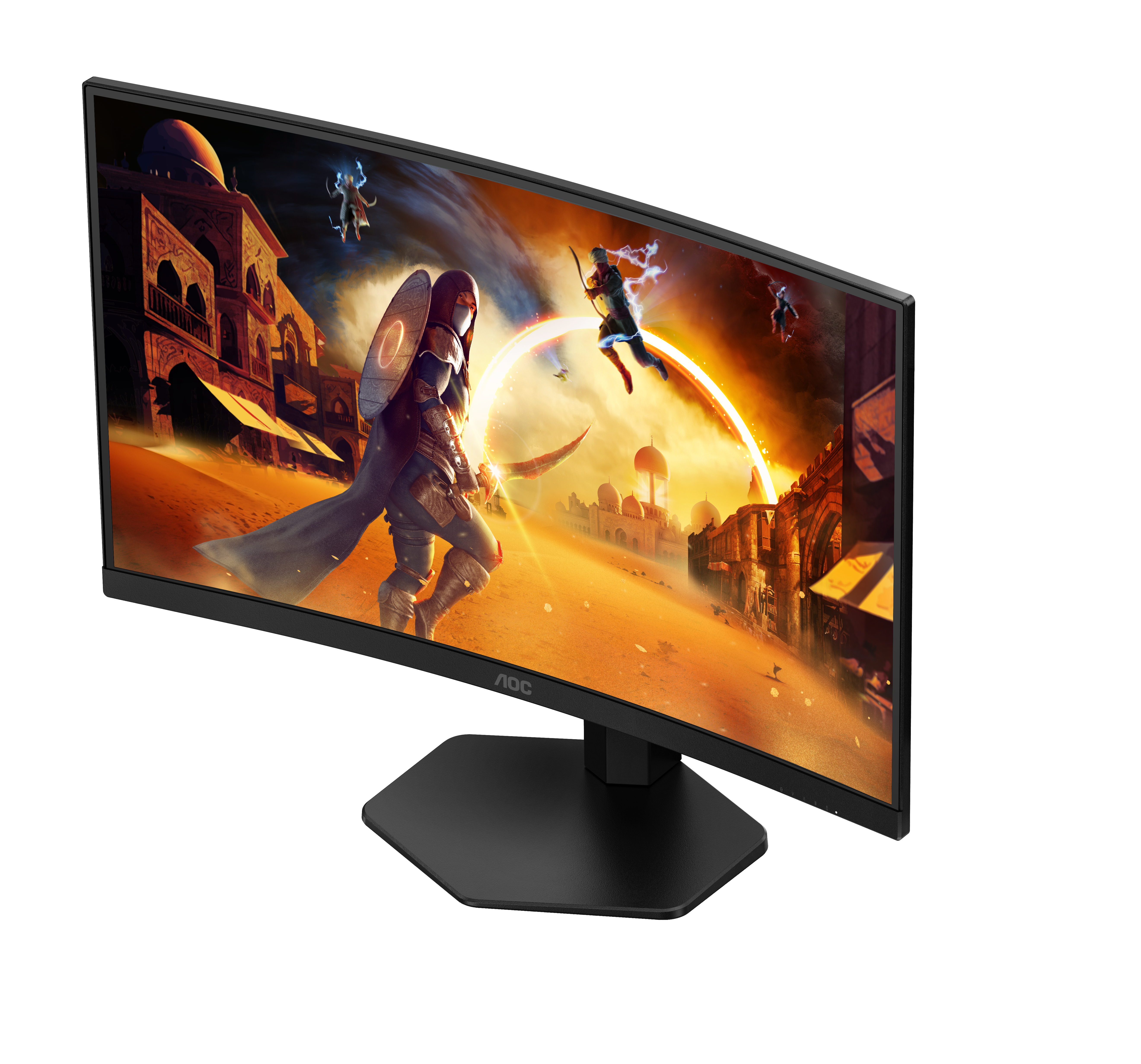Gaming-Monitor auf weißem Hintergrund, der eine Spielszene zeigt.