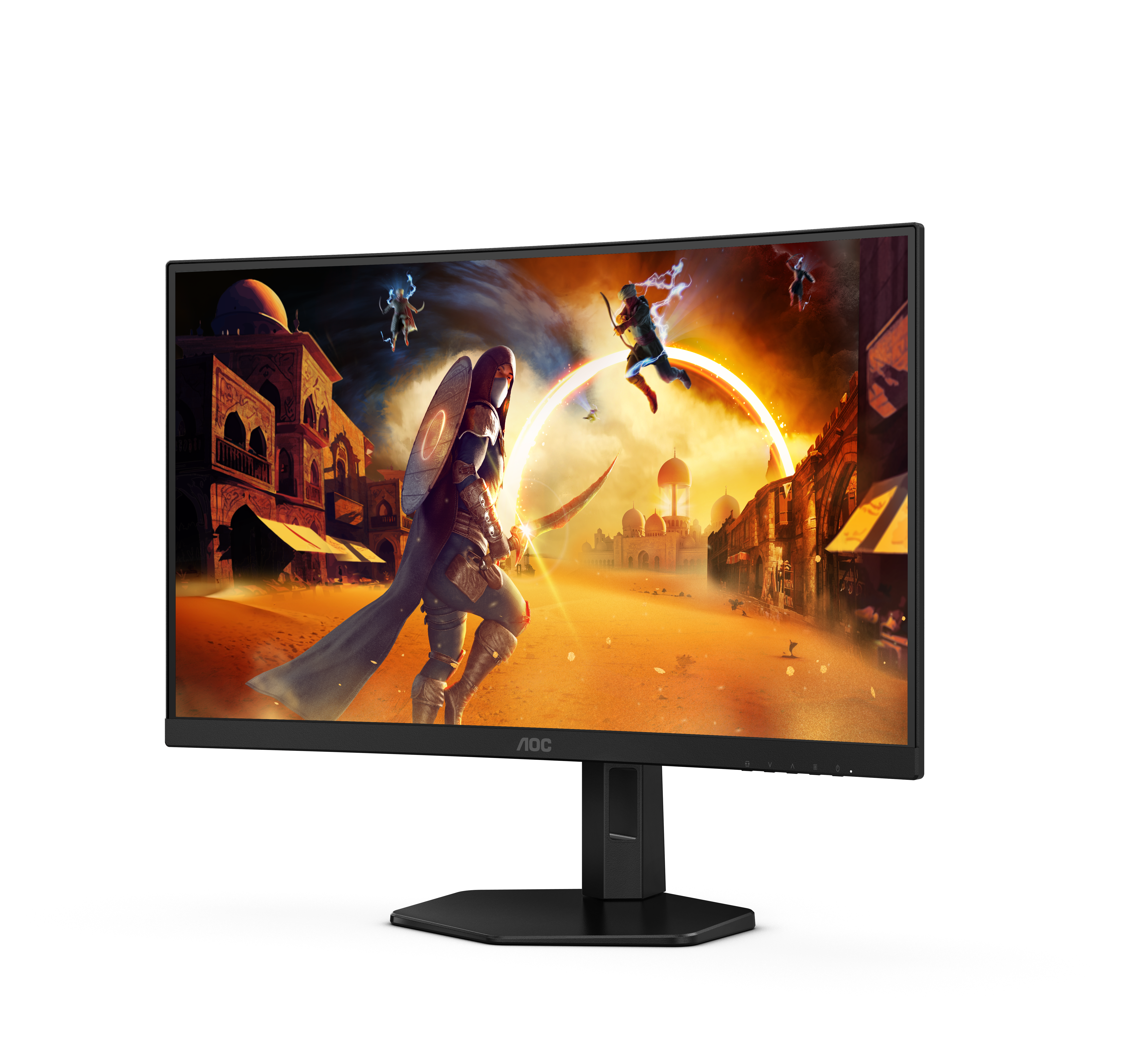Gaming-Monitor zeigt eine Spielszene mit Charakteren und Gebäuden. Schwarzer Ständer und Rahmen.