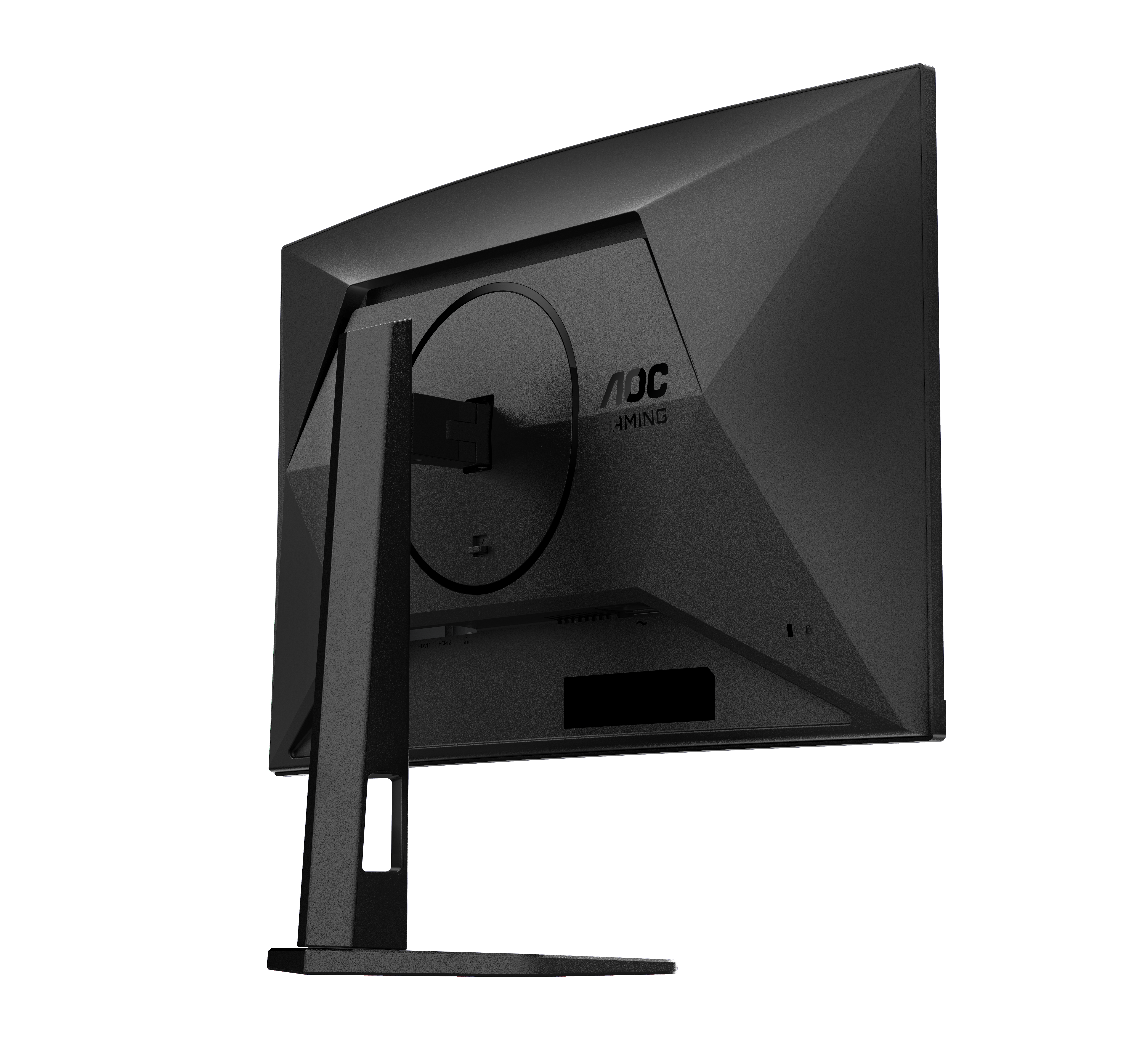 Die Rückseite eines schwarzen Computermonitors wird gezeigt. Das AOC Gaming Logo ist sichtbar. Es ist auf weißem Grund.