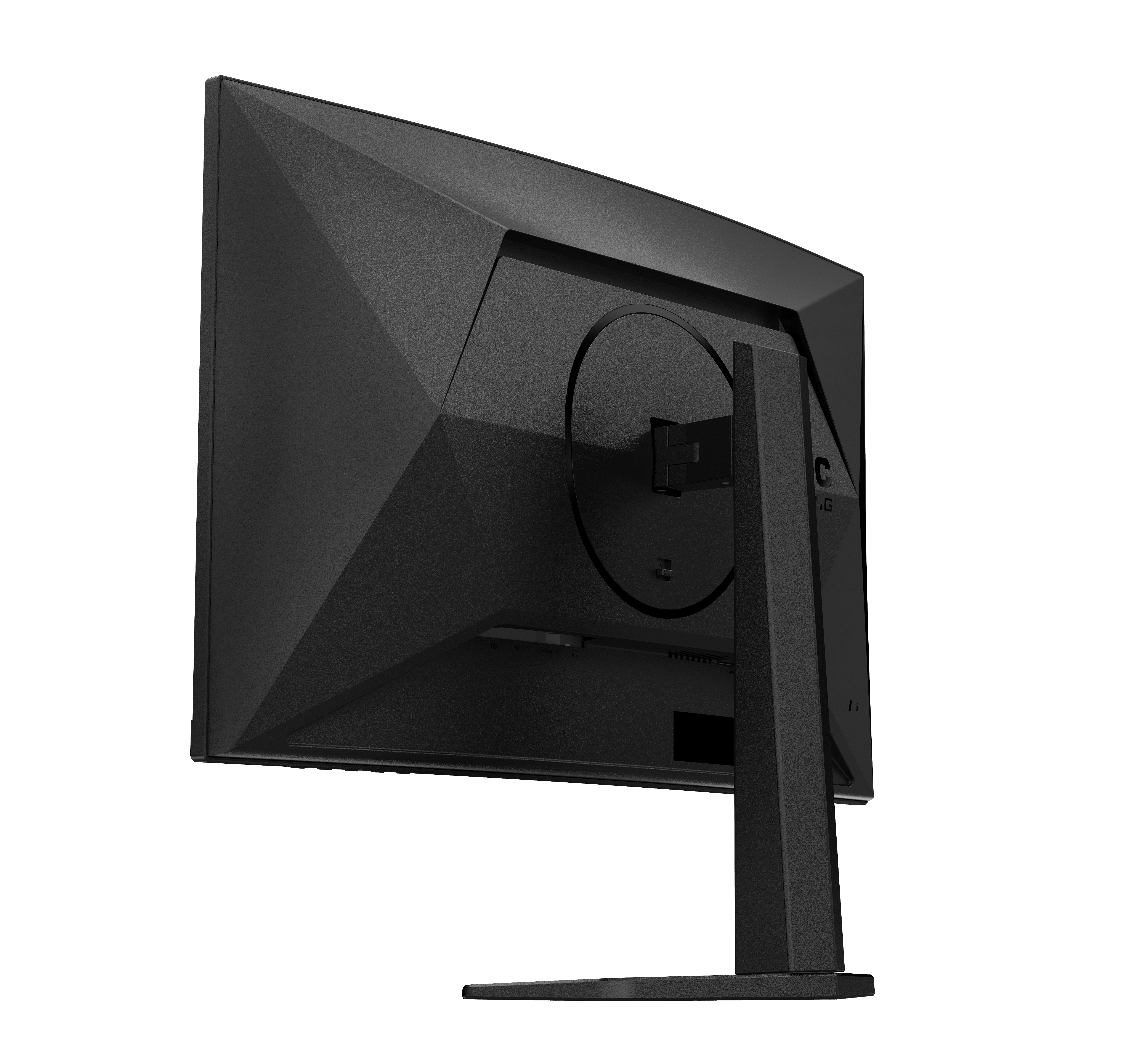 Die Rückseite eines schwarzen Computermonitors mit Ständer.