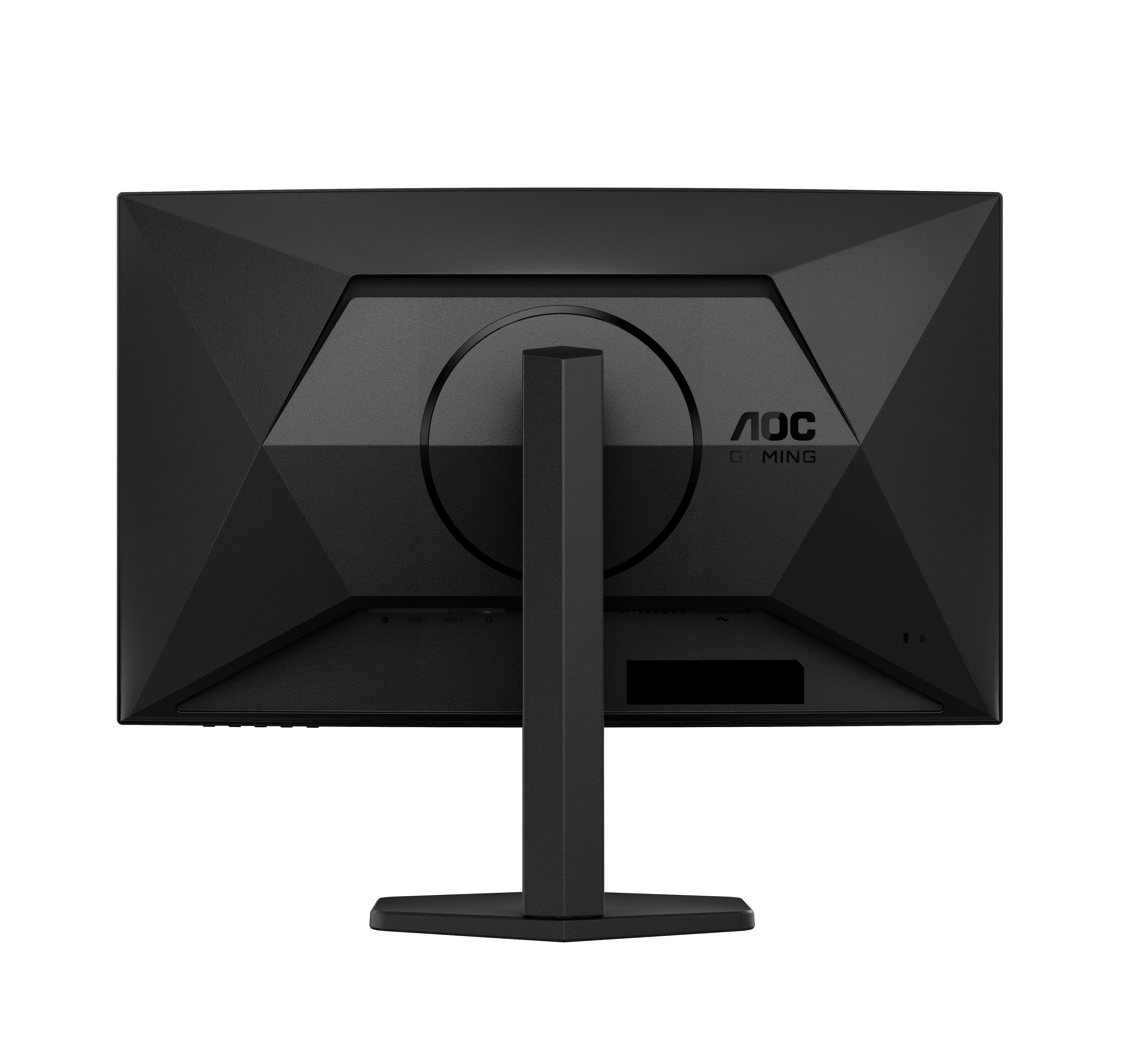 Rückansicht eines schwarzen AOC-Gaming-Monitors. Zeigt den Ständer und die Rückseite des Bildschirms.