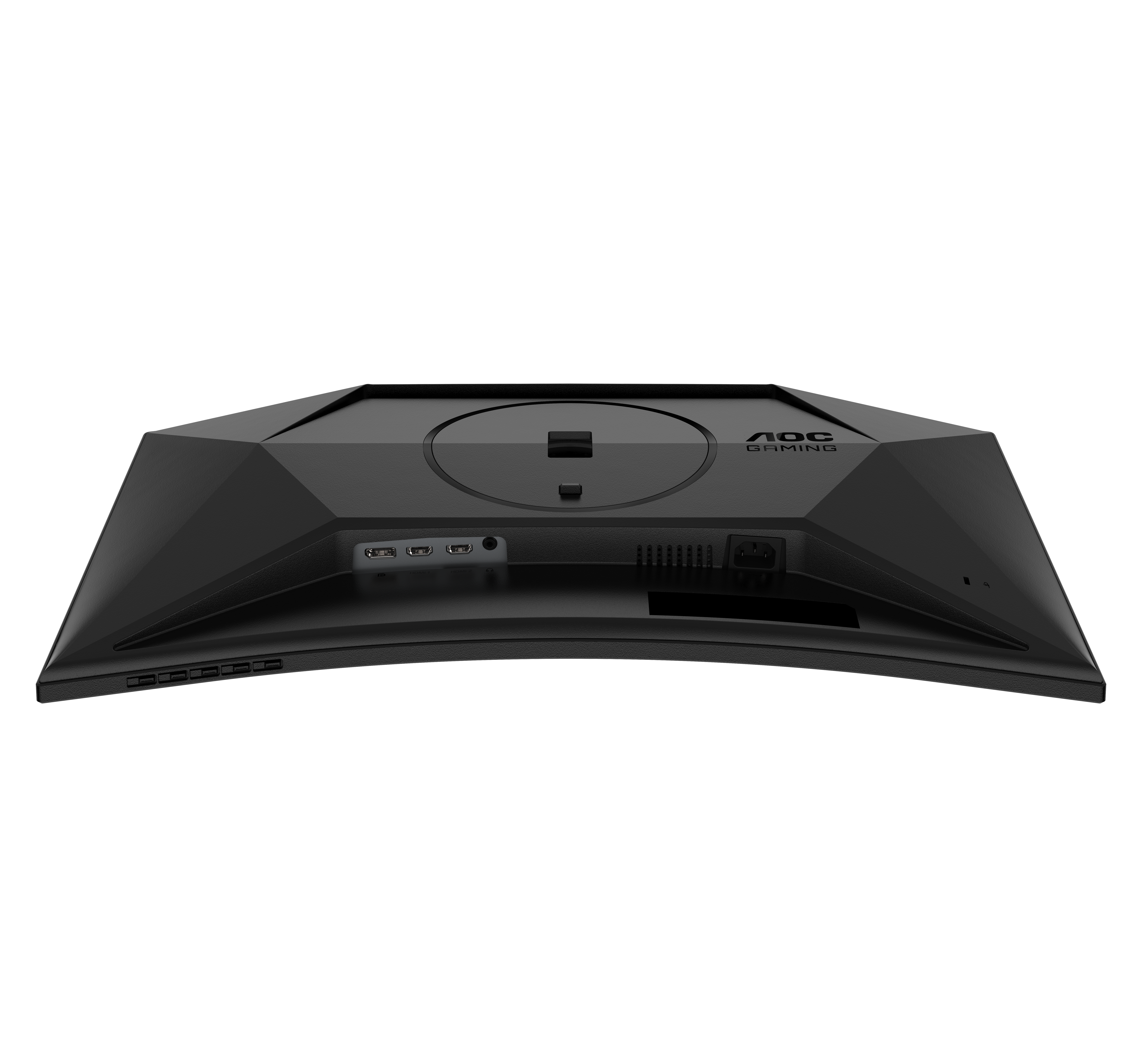 Die Rückseite eines schwarzen, gebogenen Gaming-Monitors mit Anschlüssen.