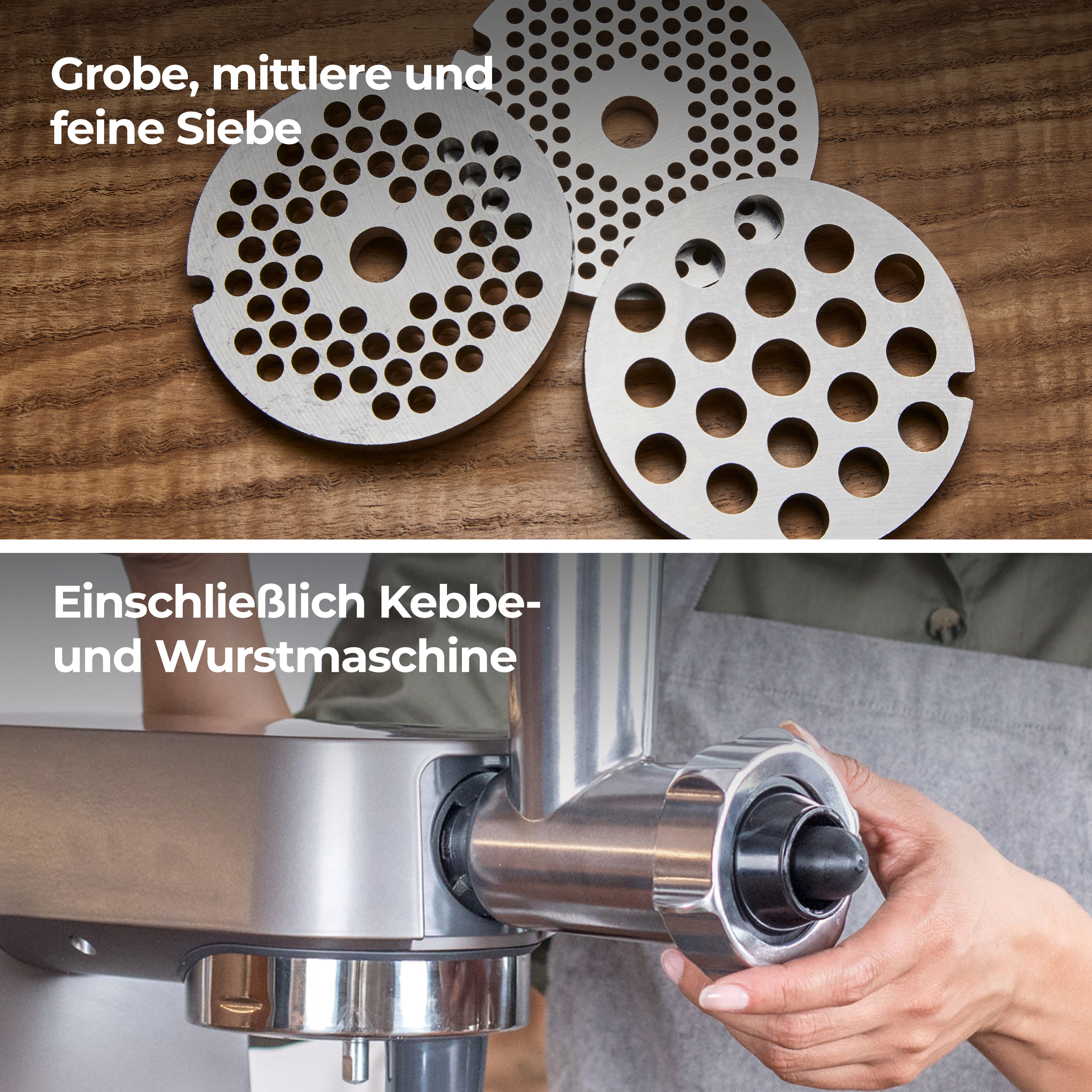 Fleischwolf mit Platten, und eine Person, die die Maschine zusammensetzt.