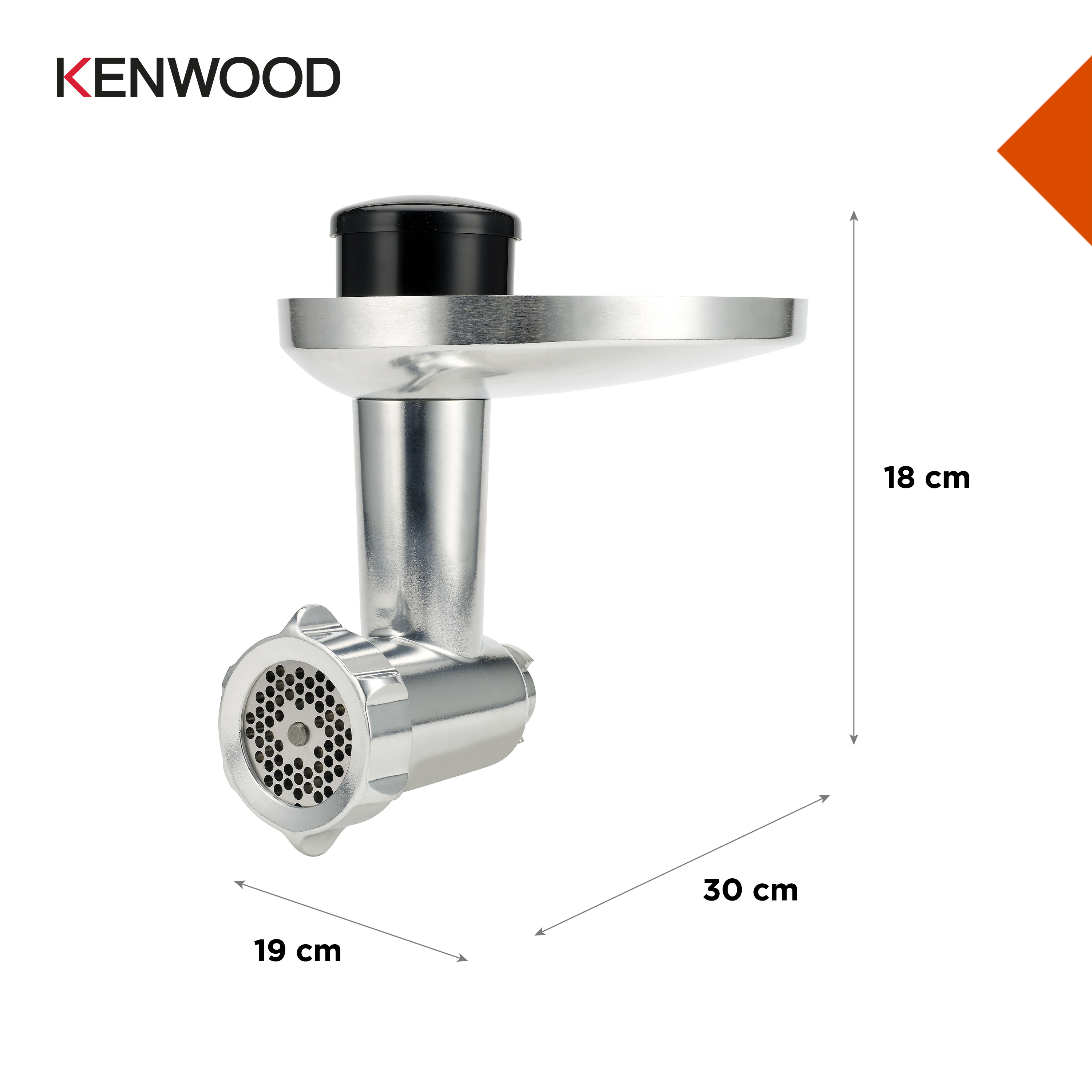 Ein Kenwood Fleischwolf, silber, mit schwarzen Teilen. Abmessungen sind angegeben.