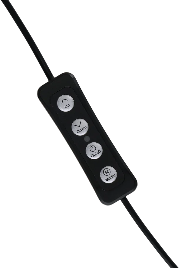 Un panneau de commande noir avec des boutons haut, bas, marche/arrêt et modèle sur un câble noir.