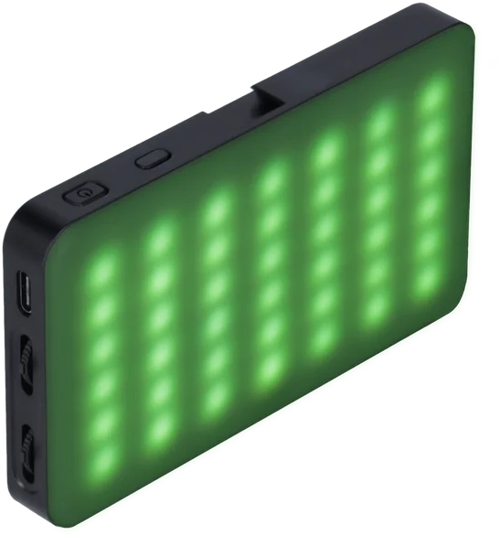 Panneau lumineux LED vert. Cadre noir avec ports d'alimentation et USB.