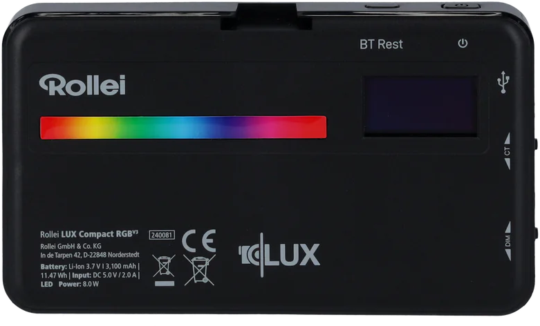 Rollei LUX Compact RGB noir avec une barre lumineuse colorée et un petit écran.