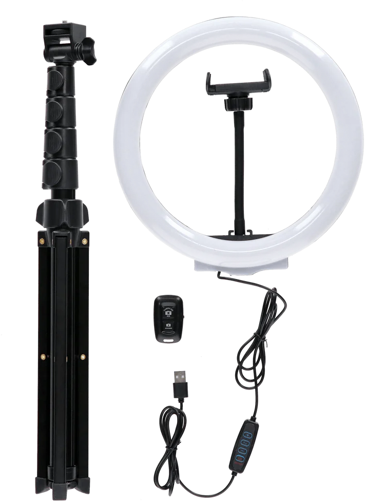 Configuration d'anneau lumineux : une lumière annulaire blanche, un trépied, un support de téléphone, une télécommande et un cordon d'alimentation.