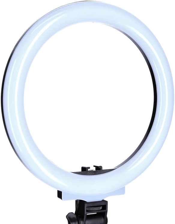 Une lampe annulaire est montrée, émettant une lumière blanche brillante.